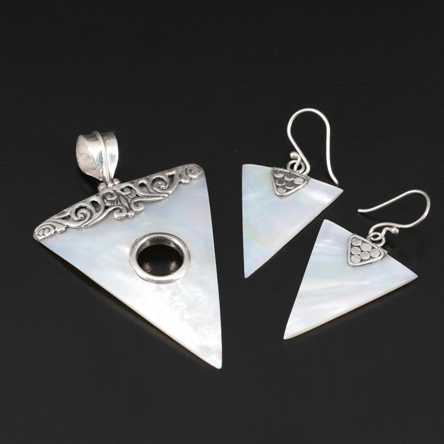 Sterling Silver Mother of Pearl Triangular Earrings and Pendant