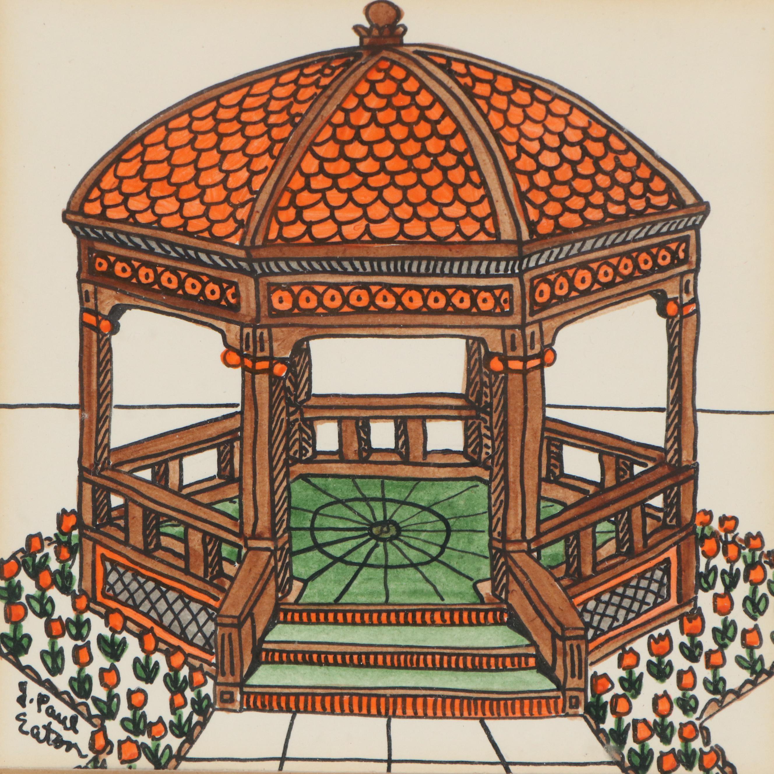 J. Paul Eaton Pen and Ink Drawings of Gazebos, Late 20th Century
