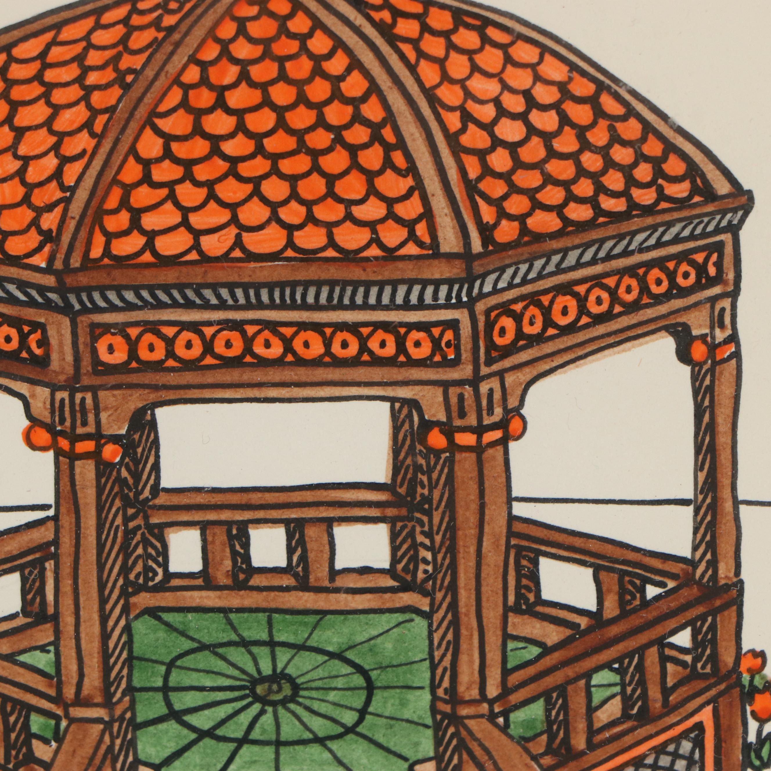 J. Paul Eaton Pen and Ink Drawings of Gazebos, Late 20th Century
