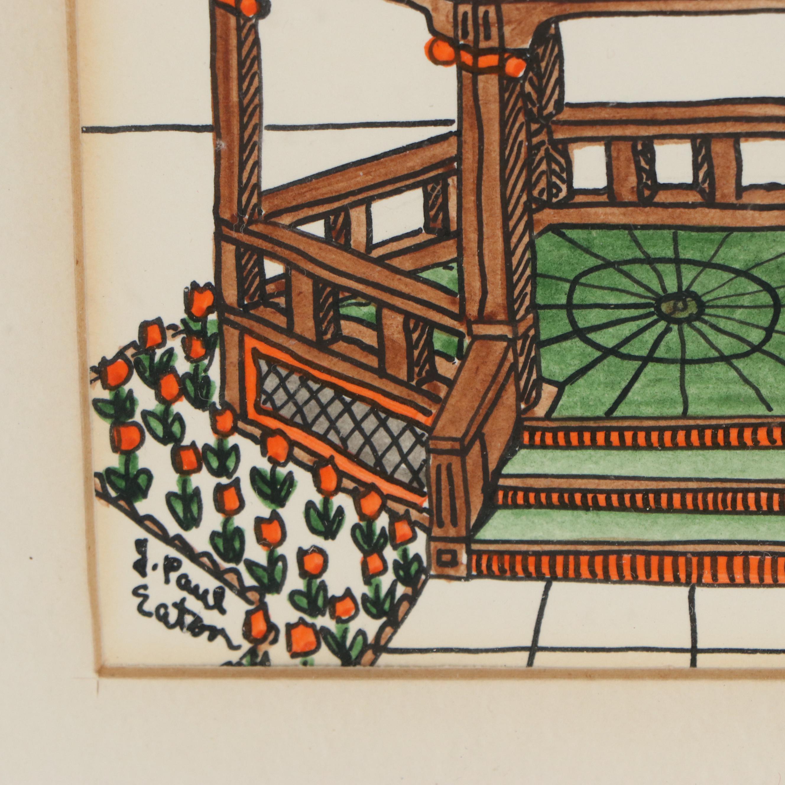 J. Paul Eaton Pen and Ink Drawings of Gazebos, Late 20th Century