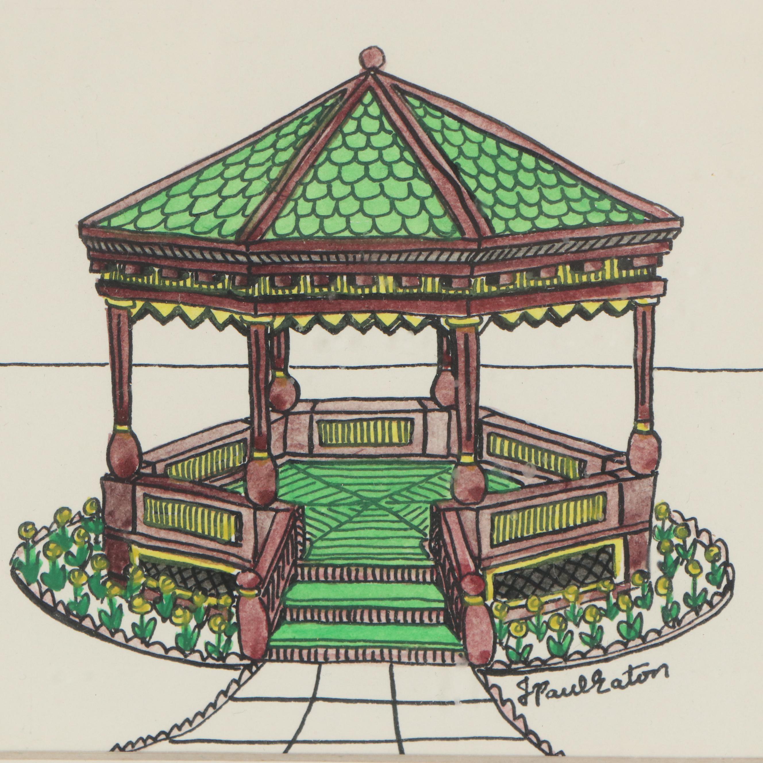 J. Paul Eaton Pen and Ink Drawings of Gazebos, Late 20th Century