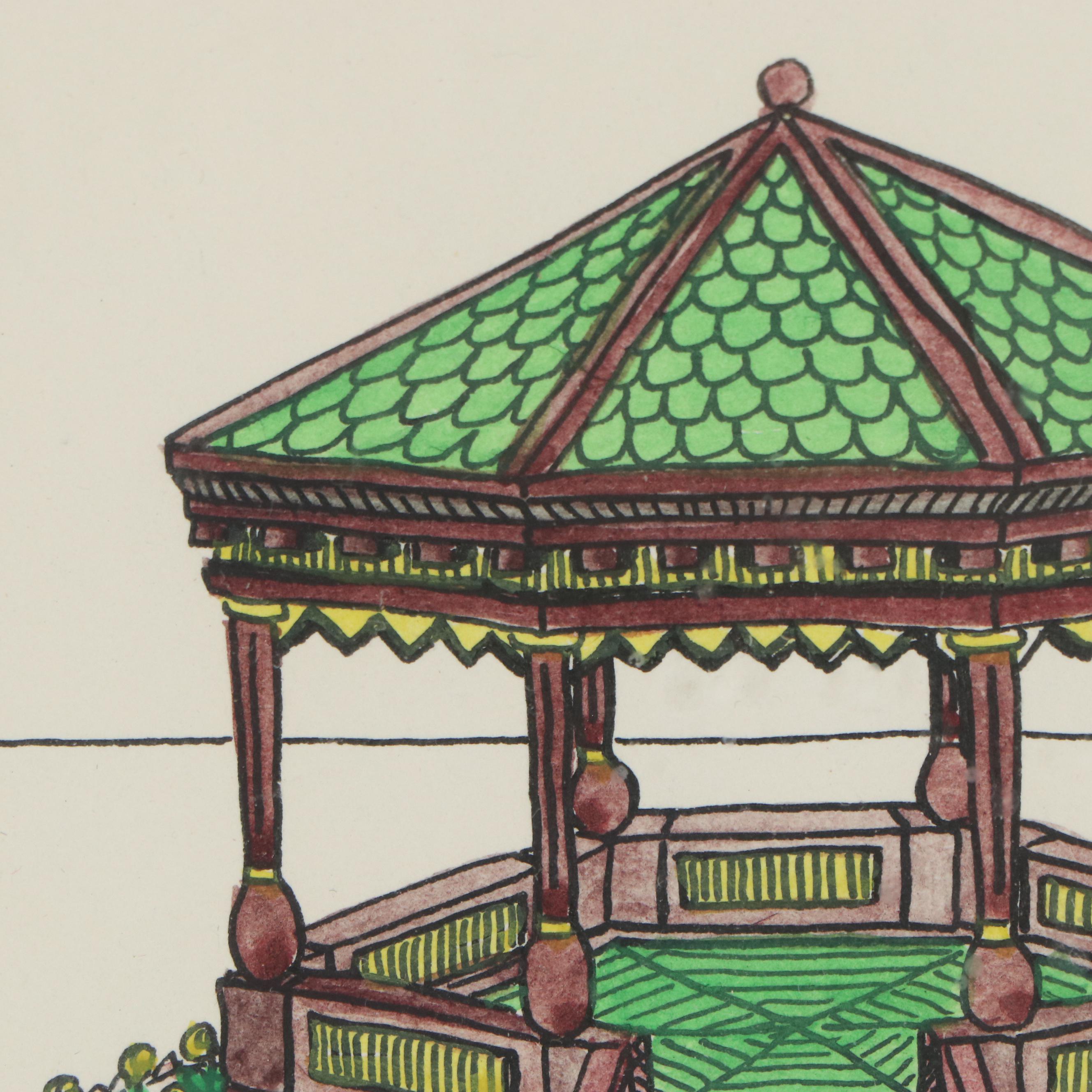 J. Paul Eaton Pen and Ink Drawings of Gazebos, Late 20th Century