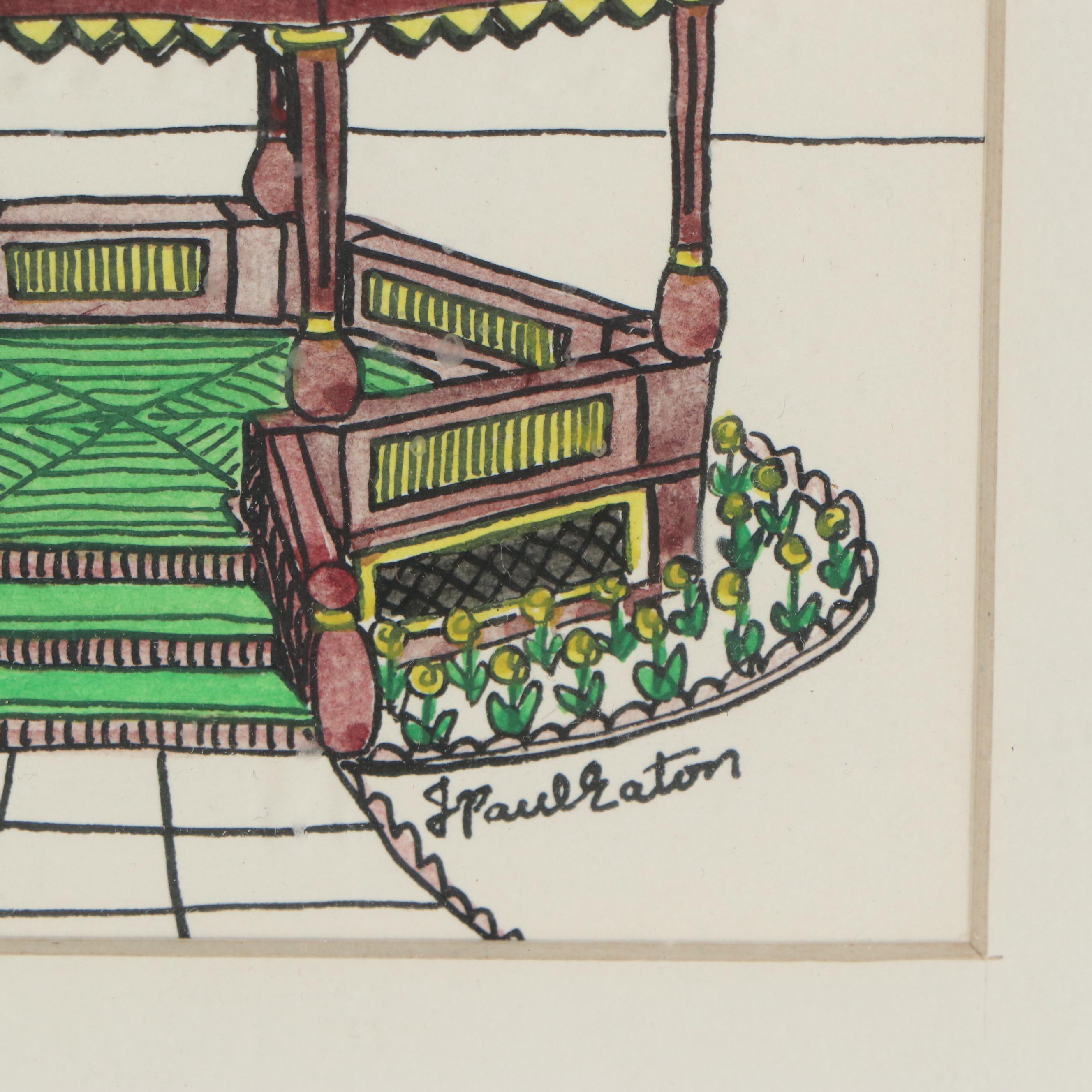J. Paul Eaton Pen and Ink Drawings of Gazebos, Late 20th Century