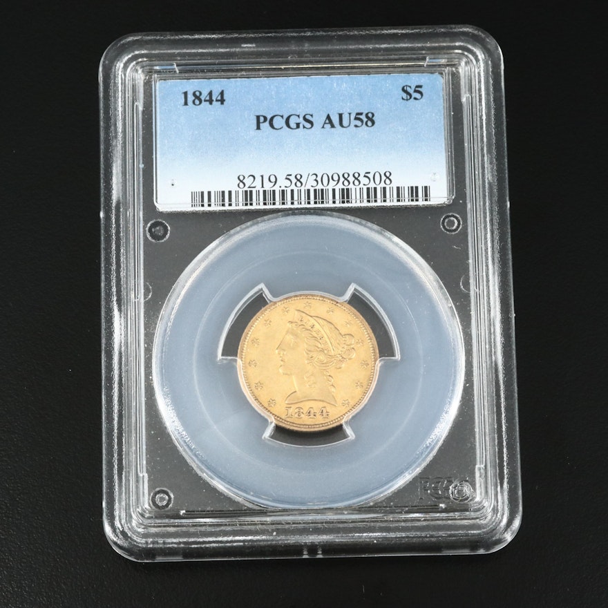 PCGS Graded AU58 1844 Liberty Head $5 Gold Half Eagle