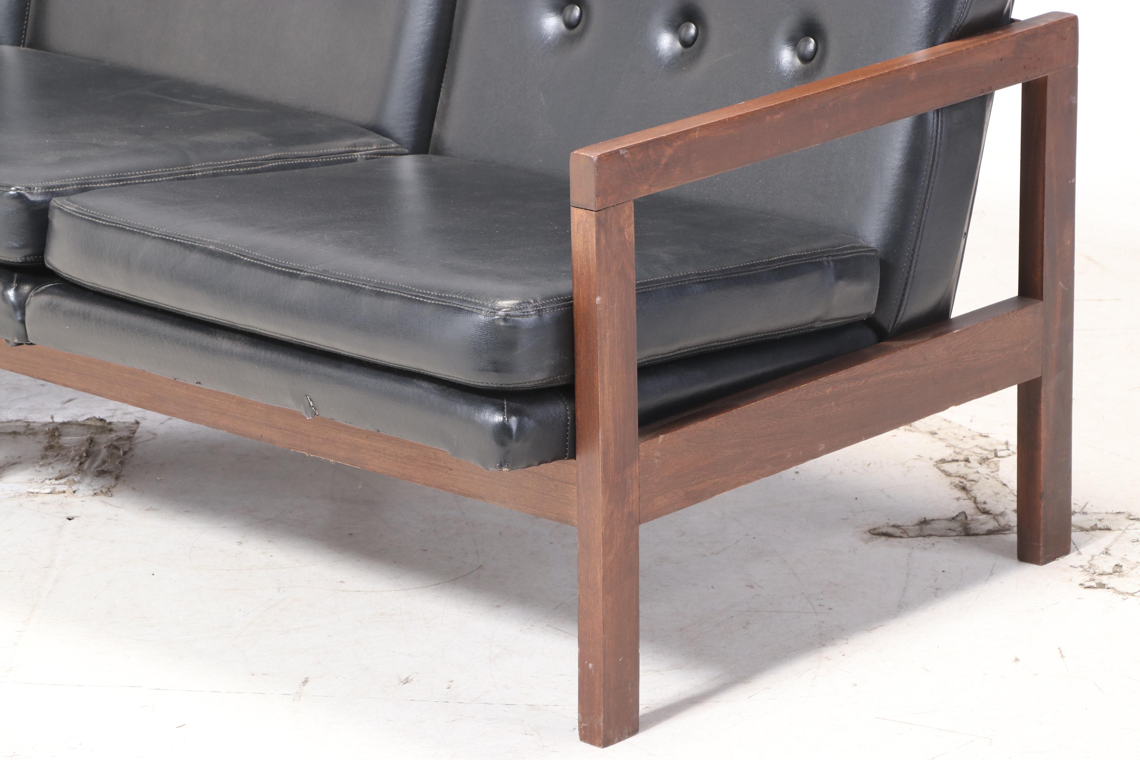 Murphy-Miller Inc. Mid Century Modern Walnut-Stained and Black Vinyl Sofa