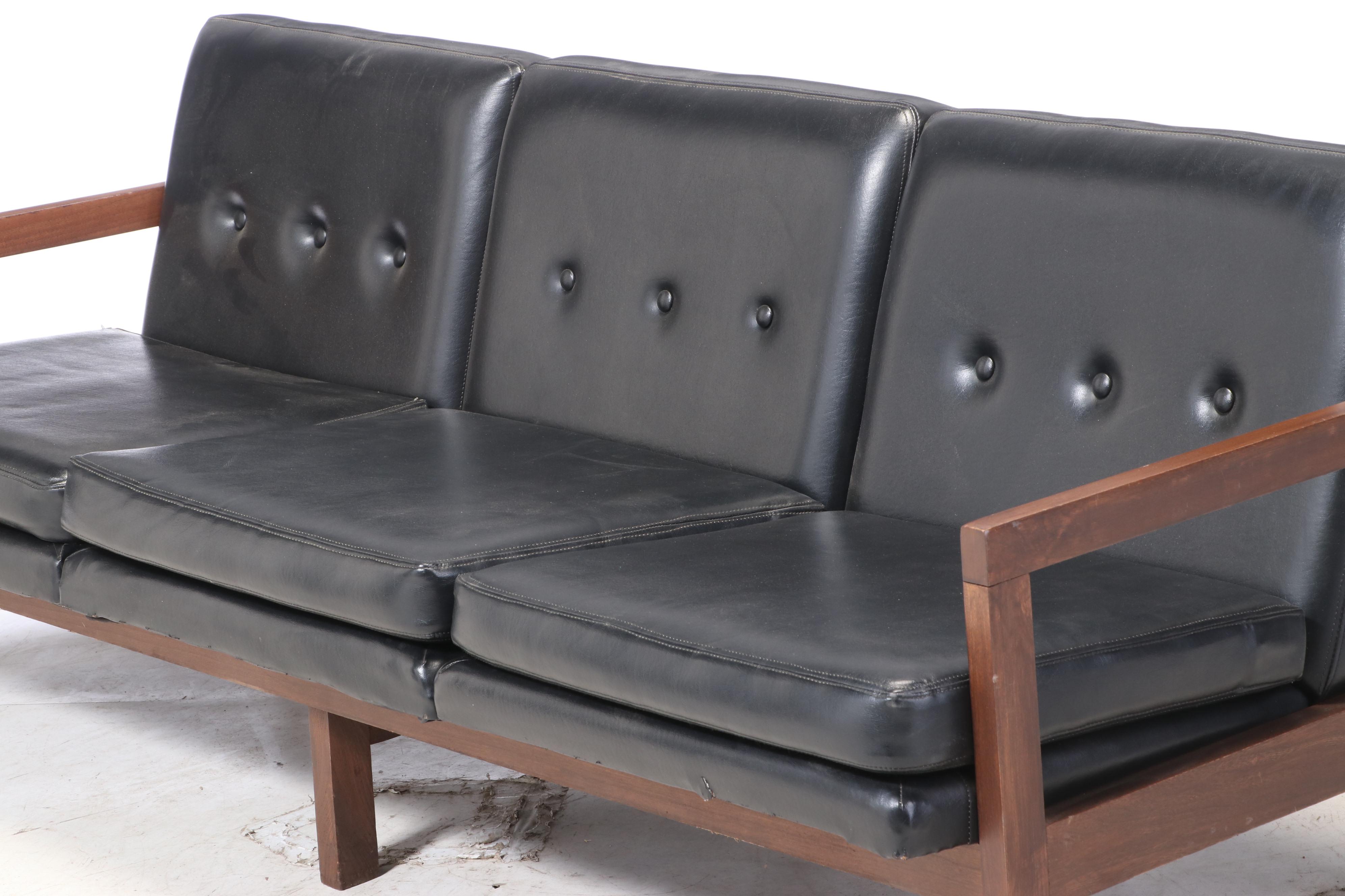 Murphy-Miller Inc. Mid Century Modern Walnut-Stained and Black Vinyl Sofa