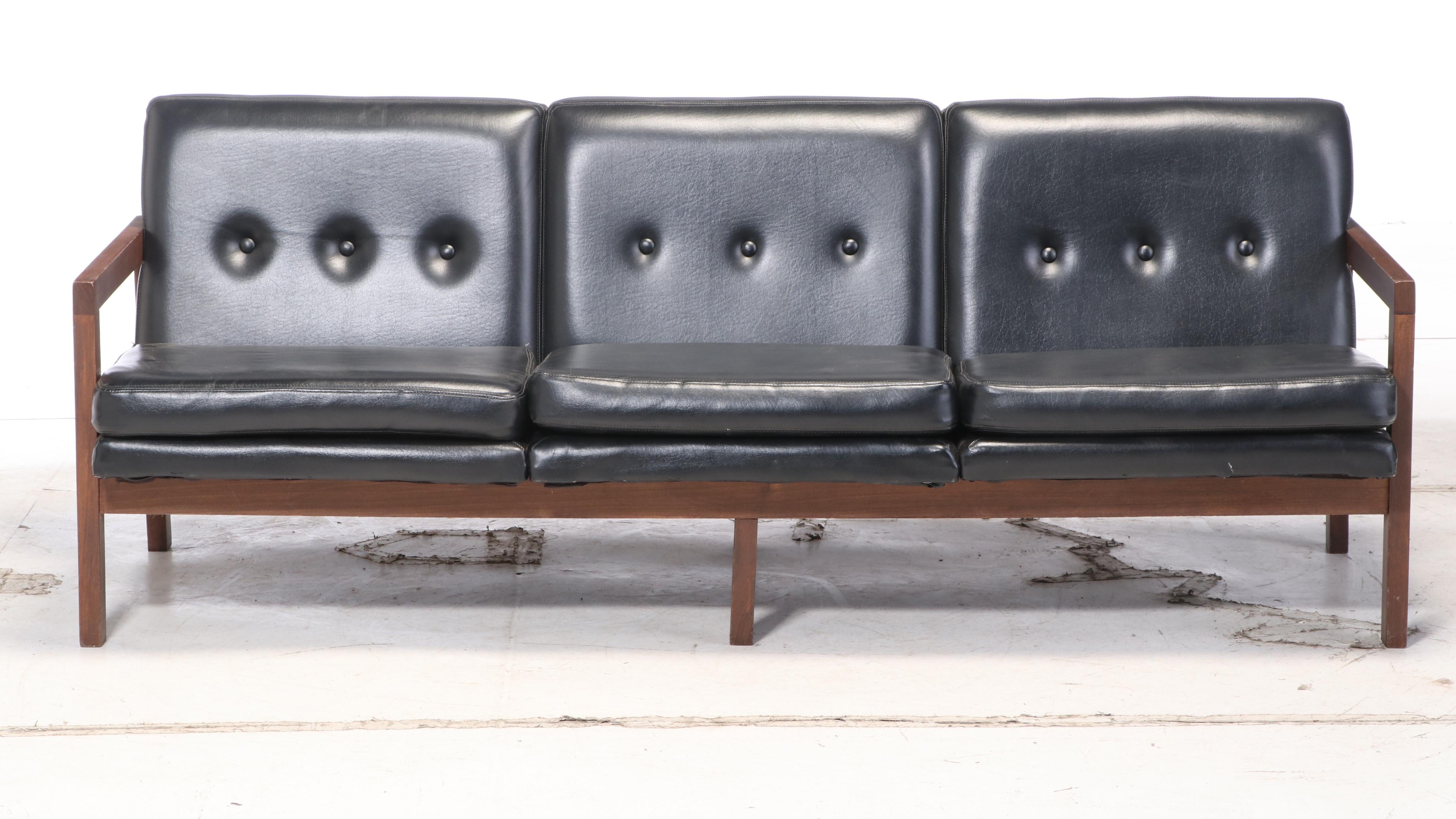 Murphy-Miller Inc. Mid Century Modern Walnut-Stained and Black Vinyl Sofa