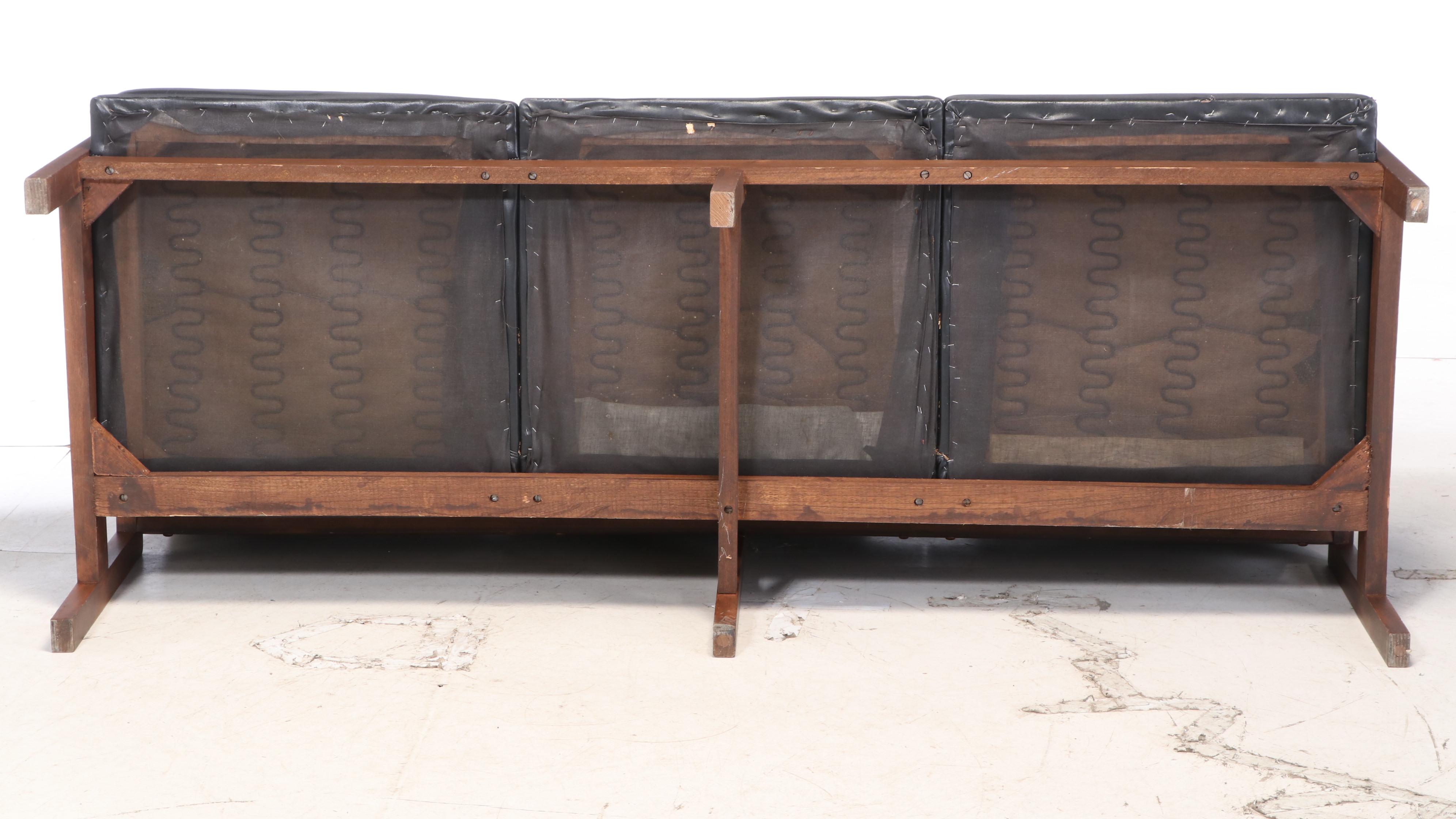 Murphy-Miller Inc. Mid Century Modern Walnut-Stained and Black Vinyl Sofa