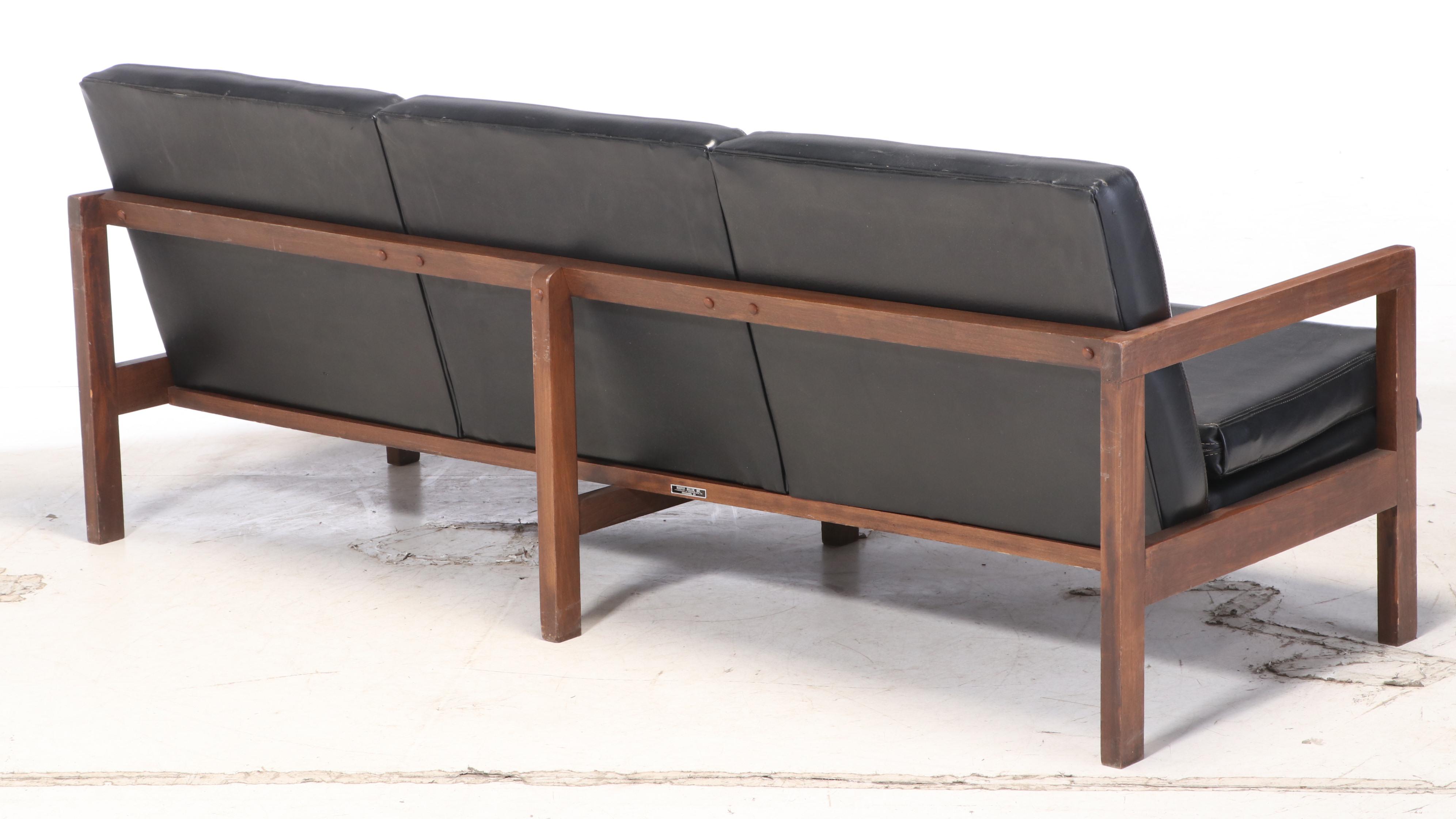 Murphy-Miller Inc. Mid Century Modern Walnut-Stained and Black Vinyl Sofa