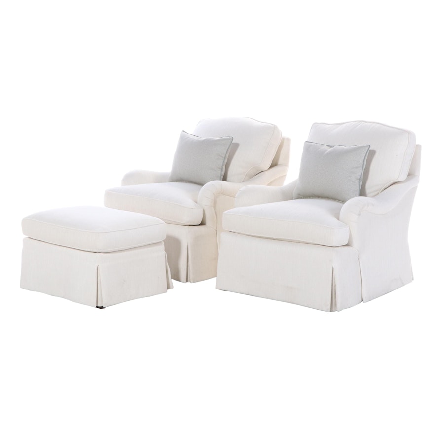 Pair of Upholstered Lounge Chairs and Ottoman with Tailored Skirt