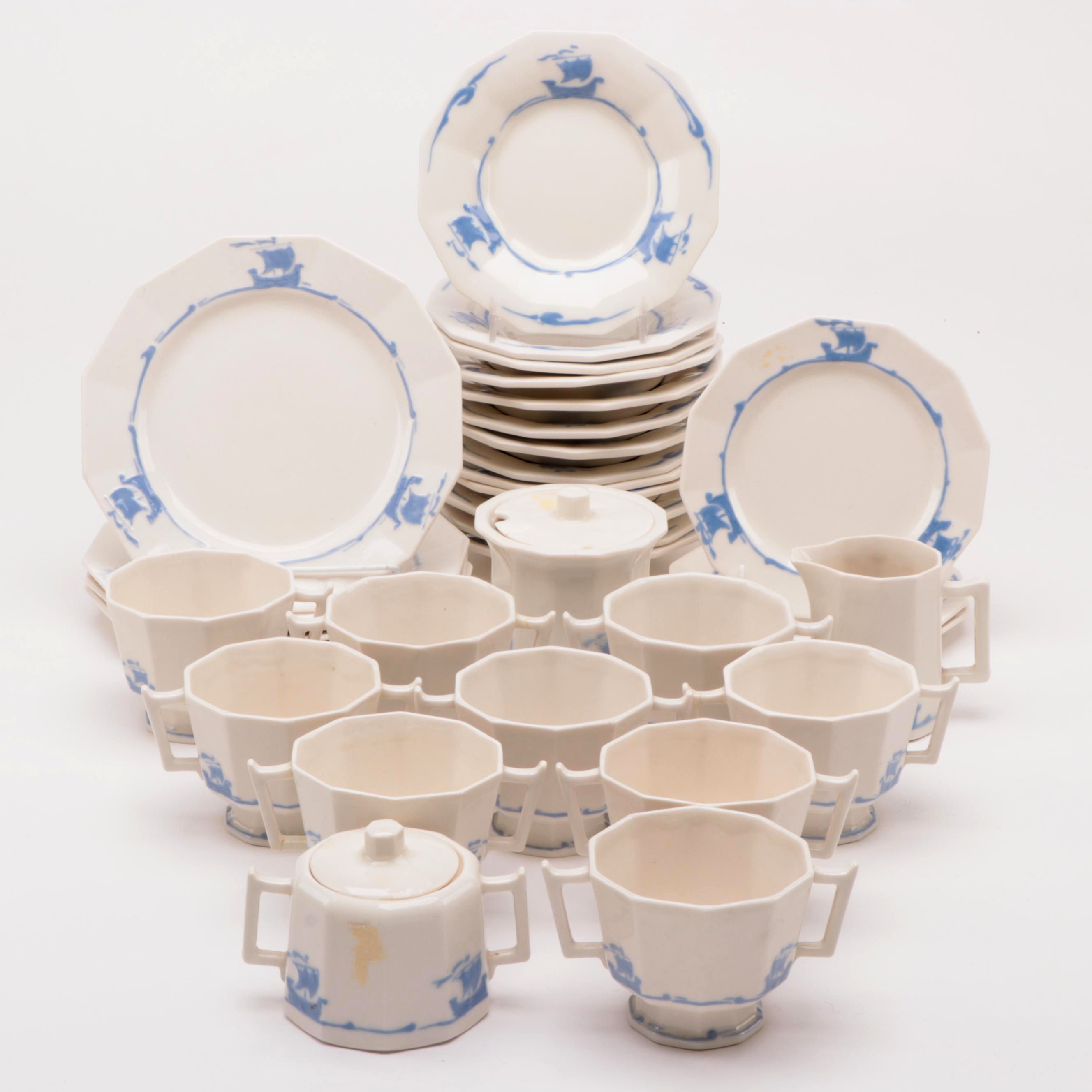 Rookwood Pottery "Blue Ship" Earthenware Dinnerware, Late 19th C.