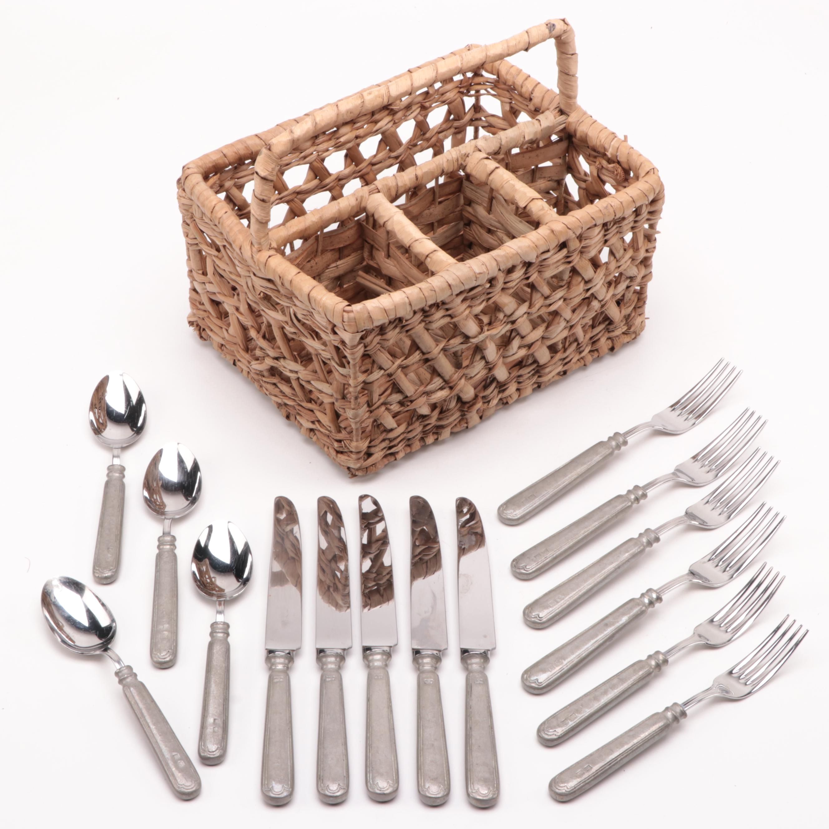 Italian Val Petro "Filet" Pewter and Stainless Flatware with Wicker Caddy
