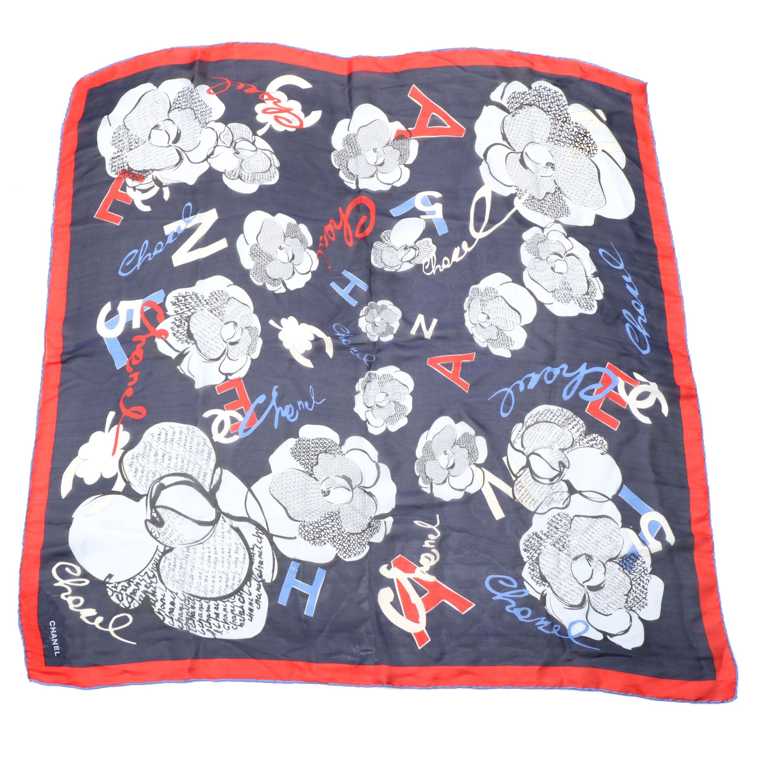 Chanel Silk Chiffon Camellia No. 5 Print Scarf in Red White and Blue