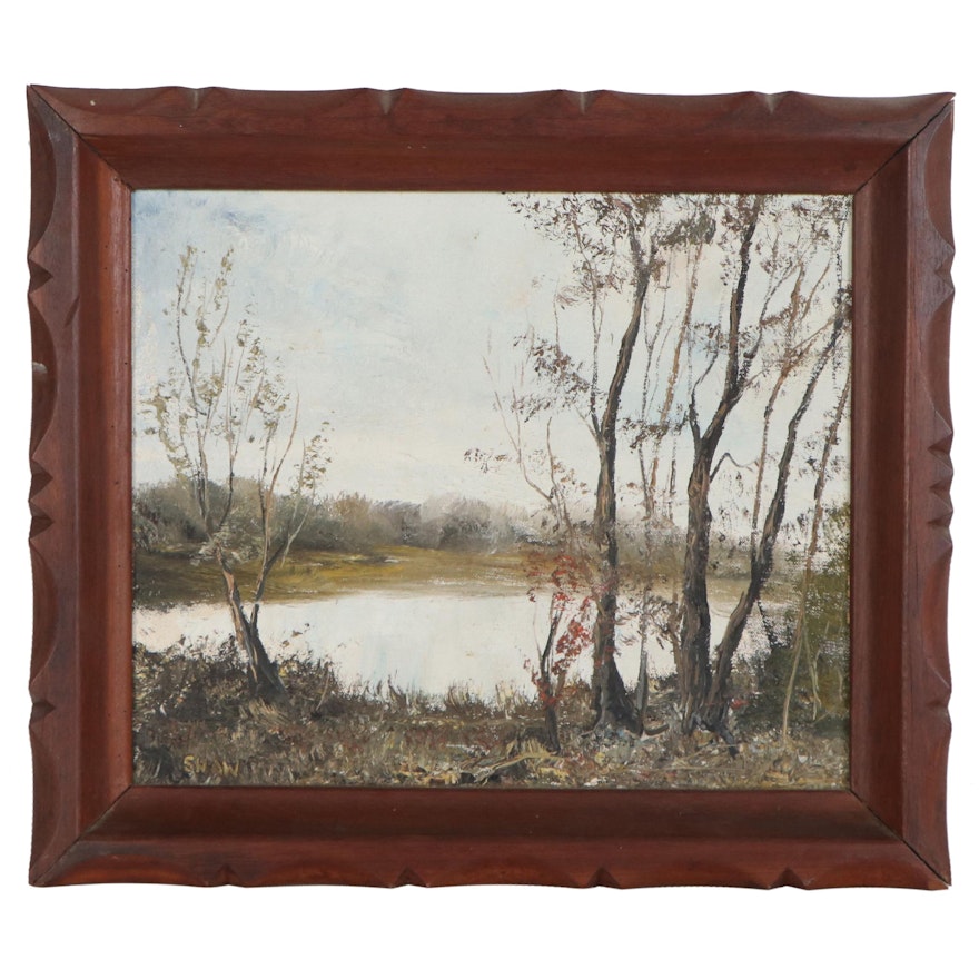 Evelyn Levy Shaw Lakeside Landscape Oil Painting, Late 20th Century