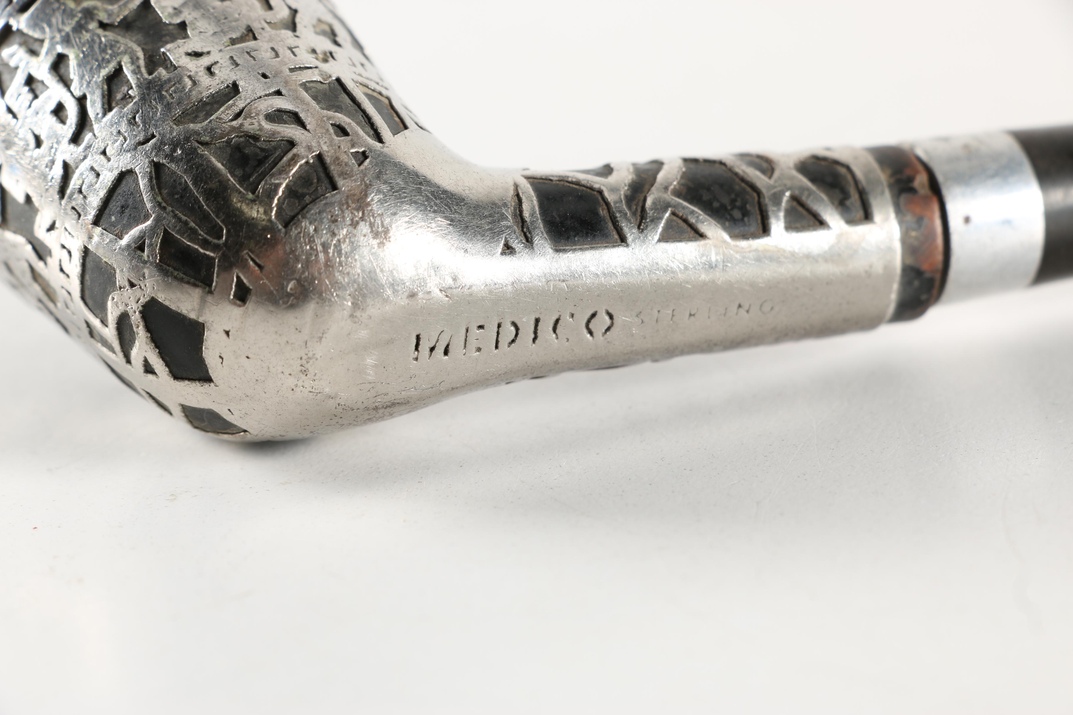 Medico "Aztec" Sterling Silver Overlay Briar Tobacco Pipe