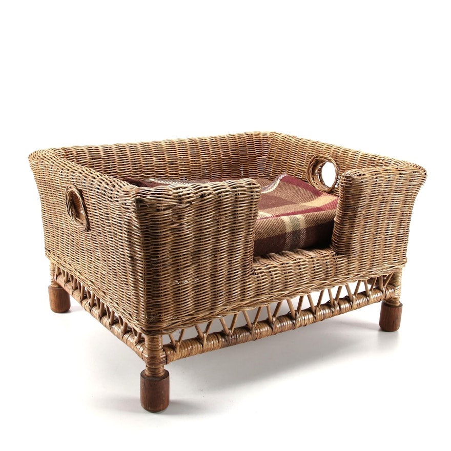 Wicker, Rattan, and Hardwood Pet Bed from Wisteria, with Plaid Wool Blanket