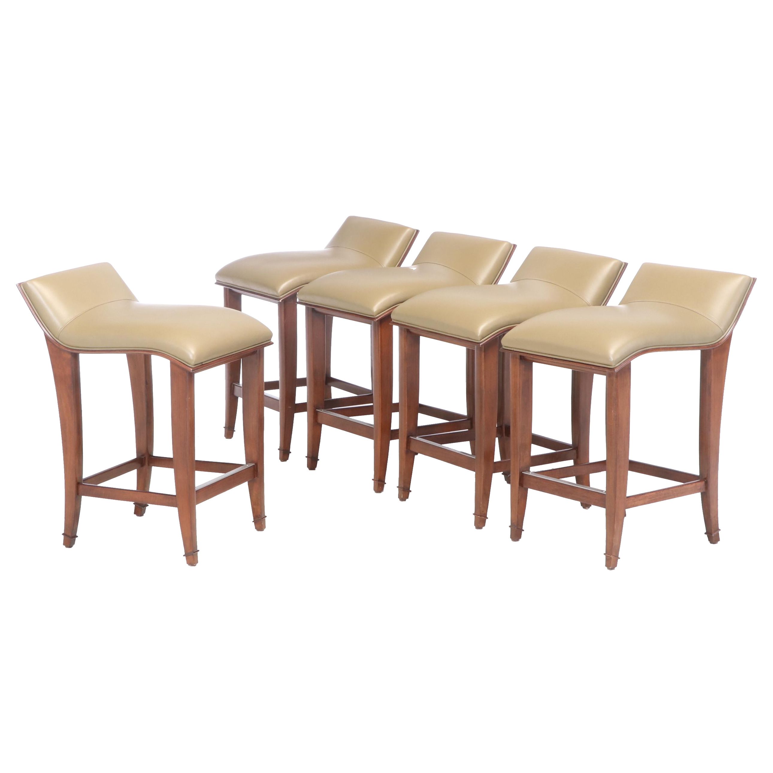 Set of Five Contemporary Walnut and Leather Counter Stools