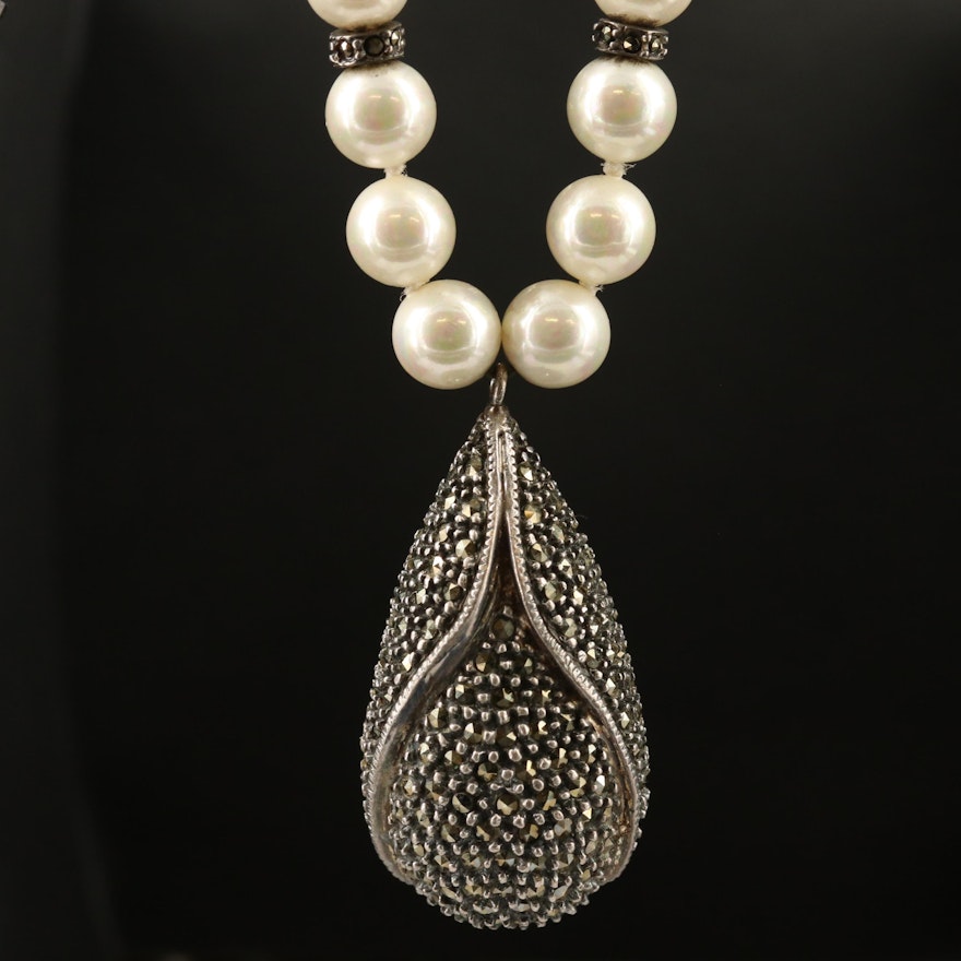 800 Silver Marcasite Pendant with Continuous Pearl Necklace