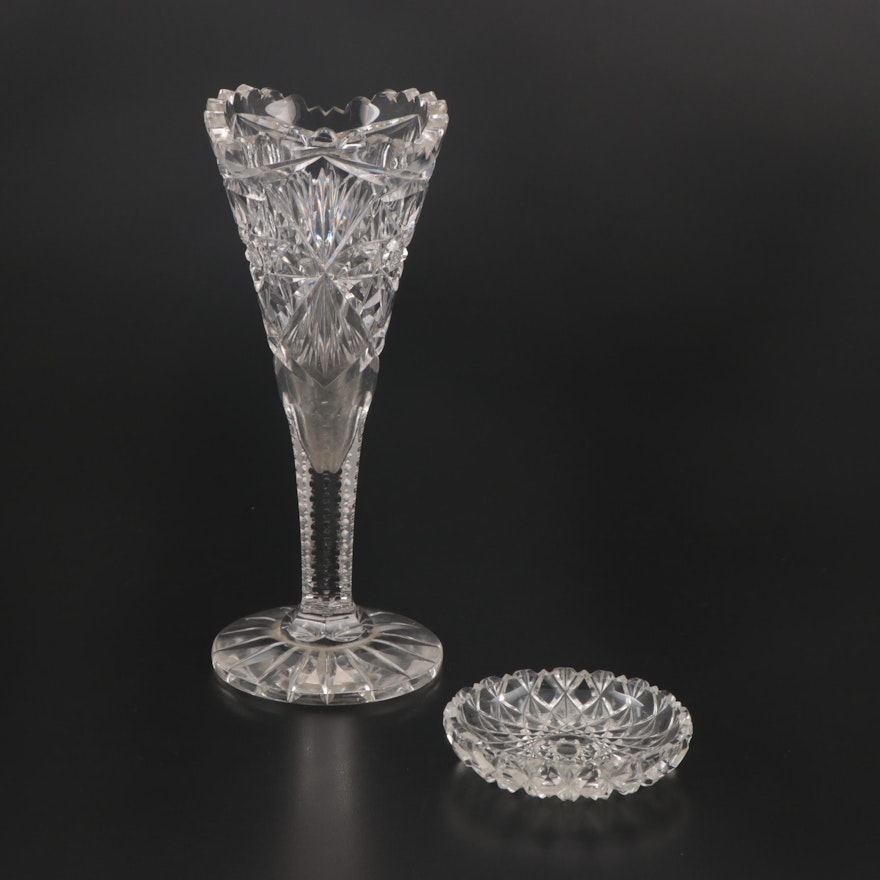 American Brilliant Cut Glass Vase and Pin Dish, Early 20th Century