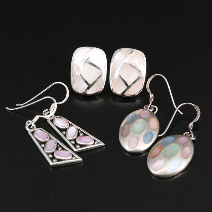 Sterling Silver Mother of Pearl Dangle and Button Earrings