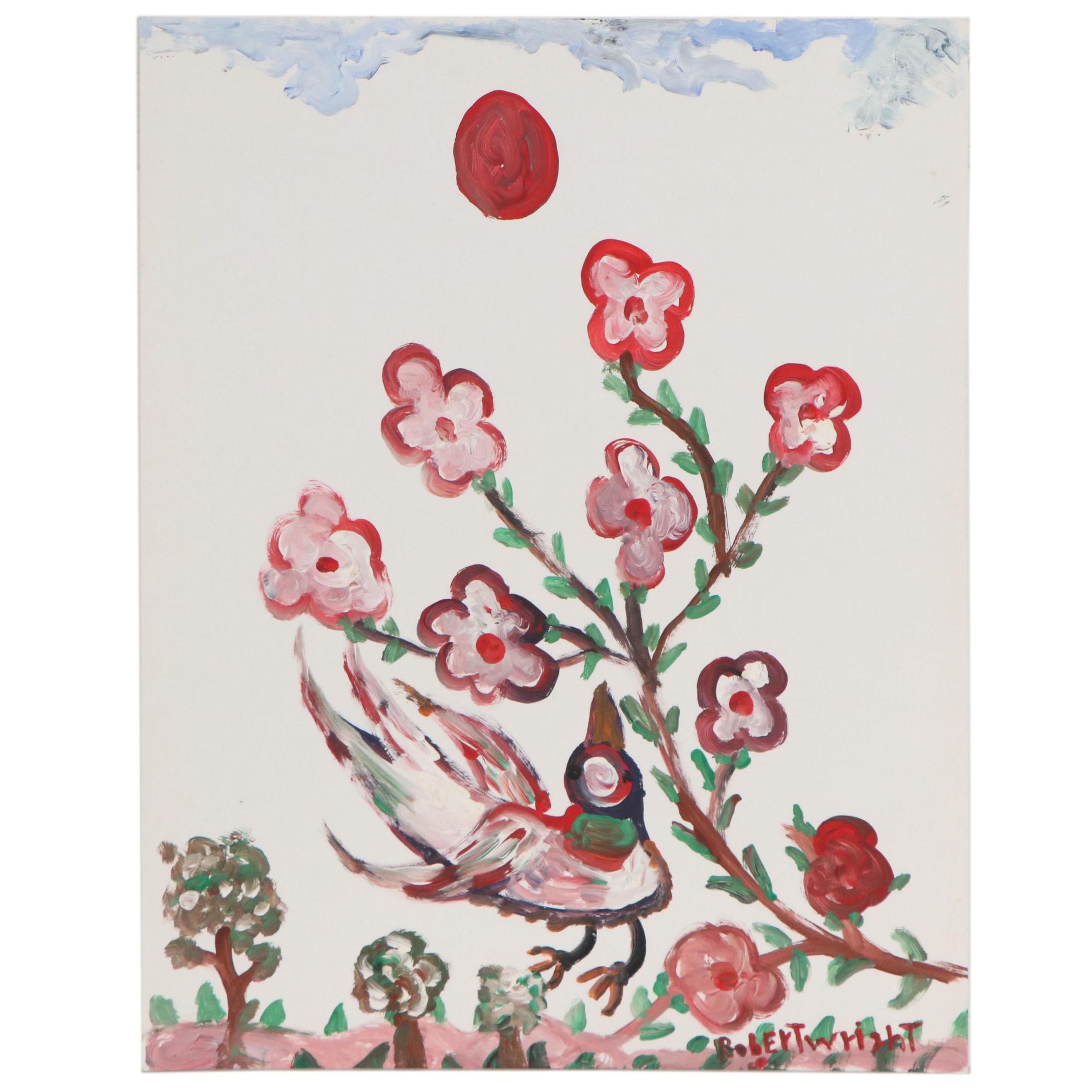 Robert Wright Folk Art Acrylic Painting of Bird and Flowers, Late 20th Century