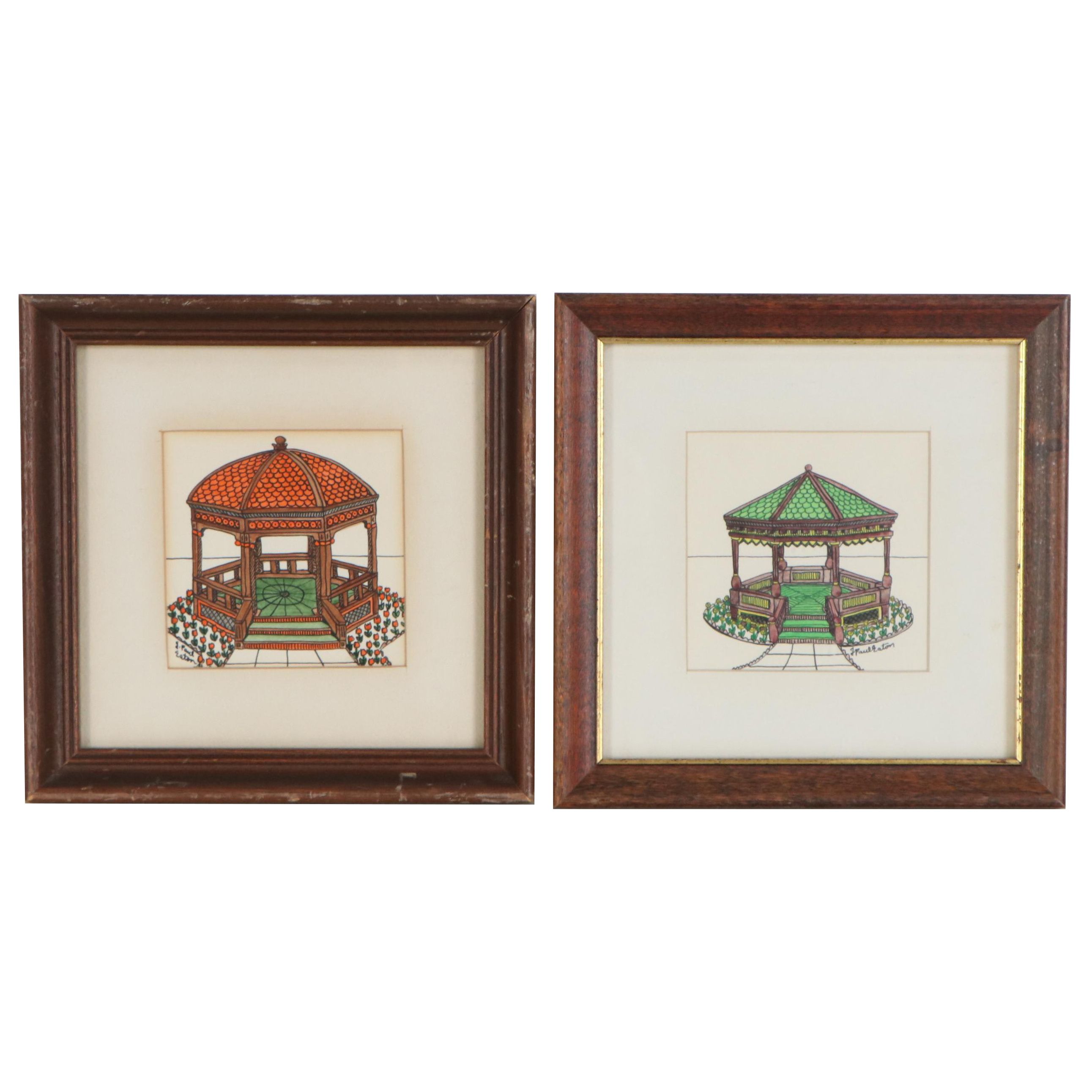 J. Paul Eaton Pen and Ink Drawings of Gazebos, Late 20th Century
