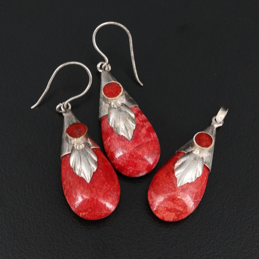 Sterling and 800 Silver Coral Earrings and Pendant
