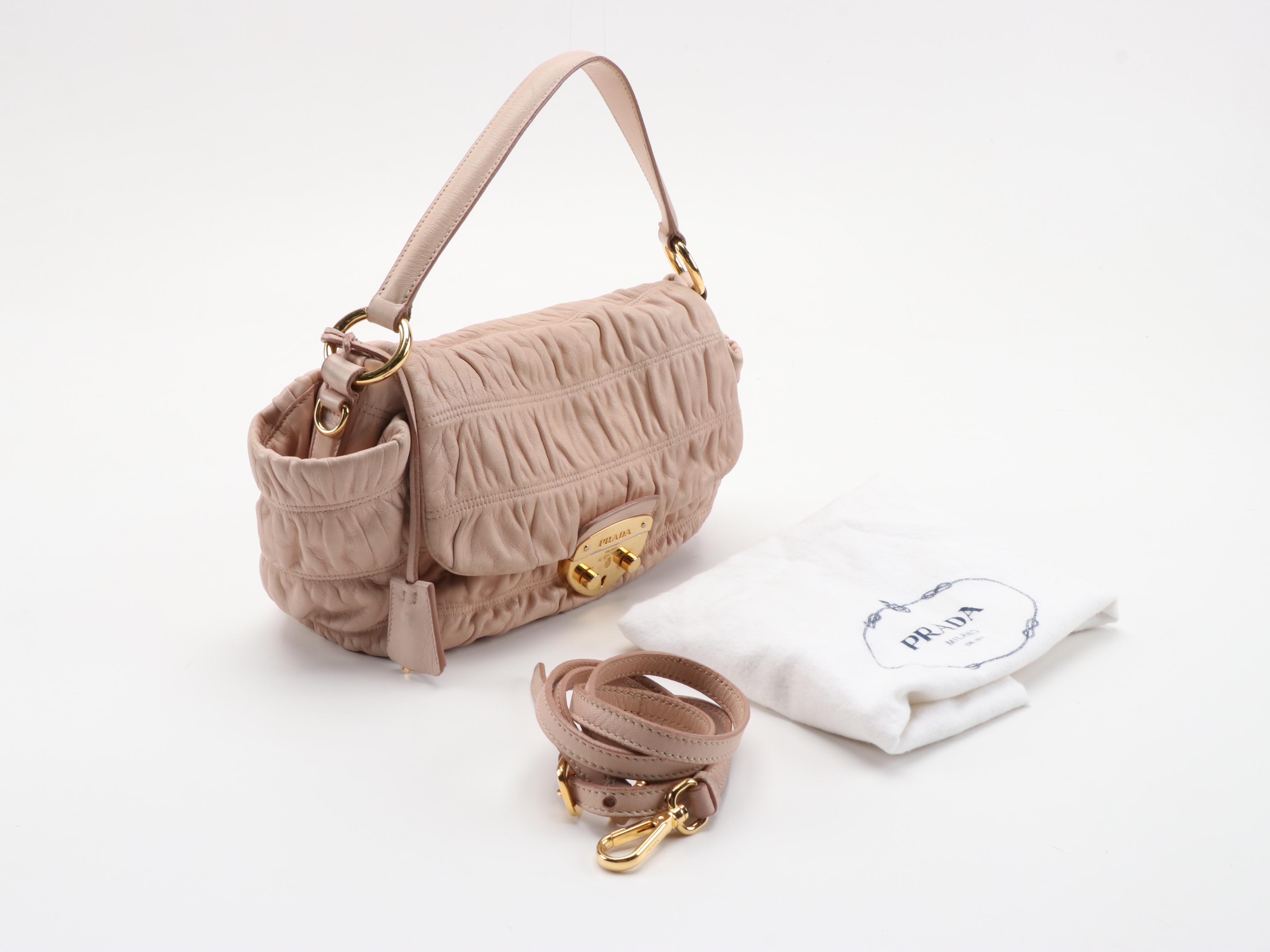 Prada Gaufre Ruched Leather Front Flap Two-Way Shoulder Bag in Pale Blush Pink