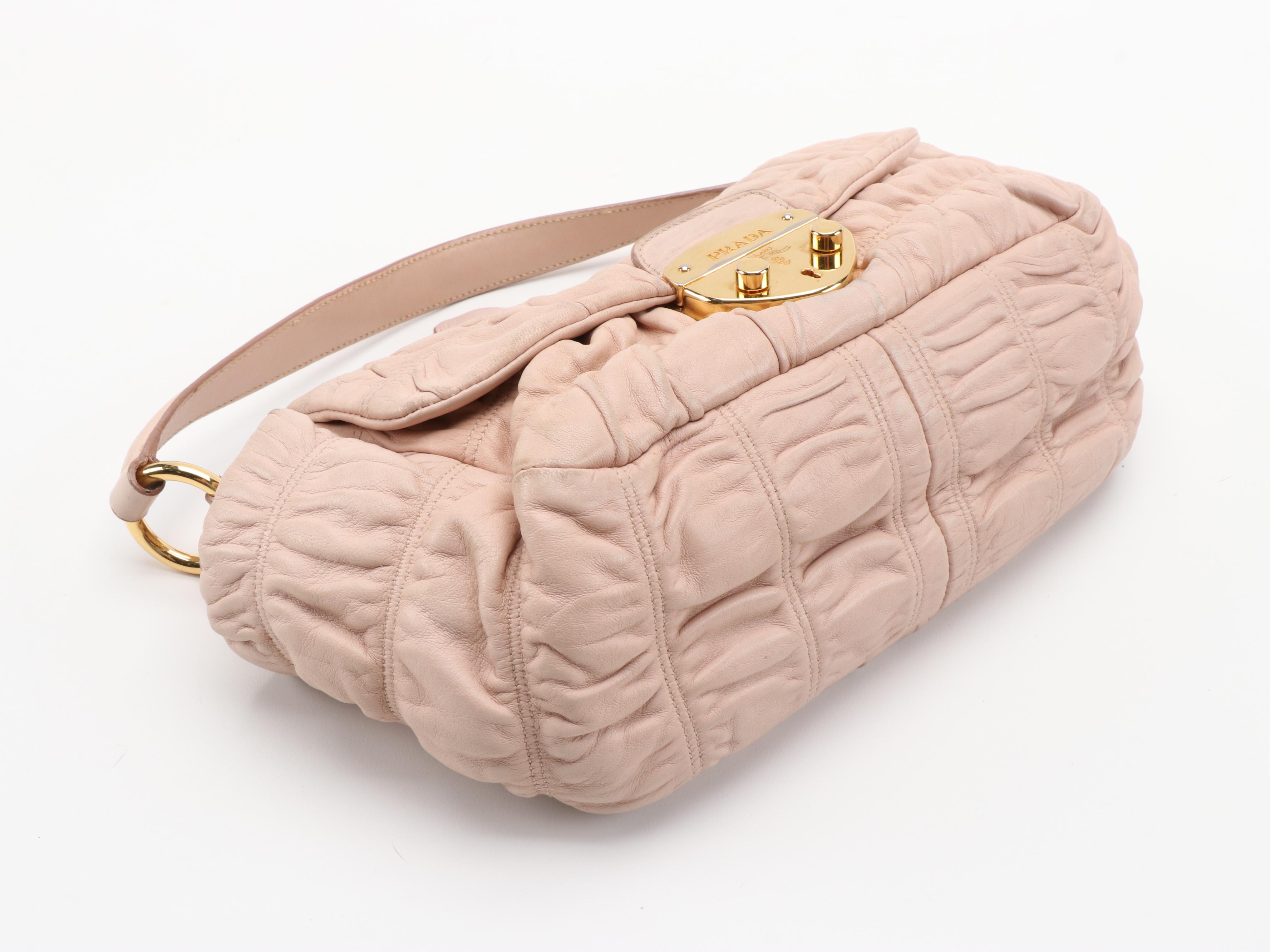 Prada Gaufre Ruched Leather Front Flap Two-Way Shoulder Bag in Pale Blush Pink