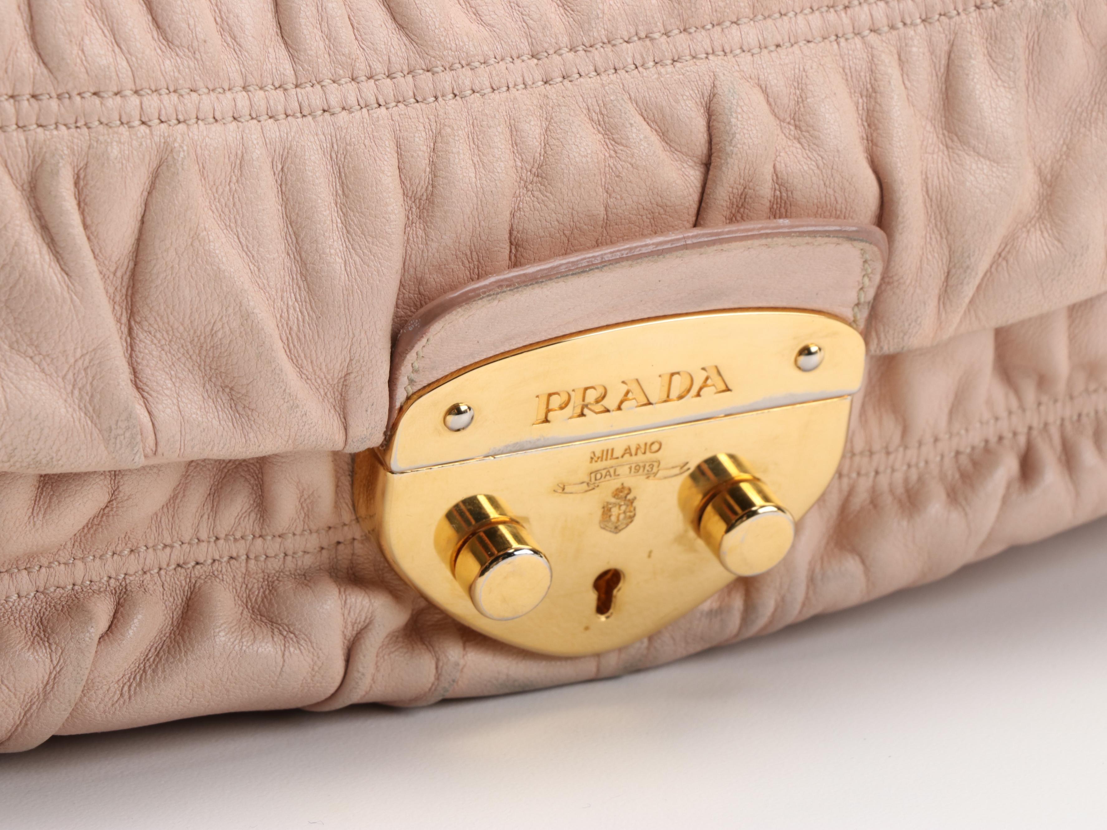 Prada Gaufre Ruched Leather Front Flap Two-Way Shoulder Bag in Pale Blush Pink