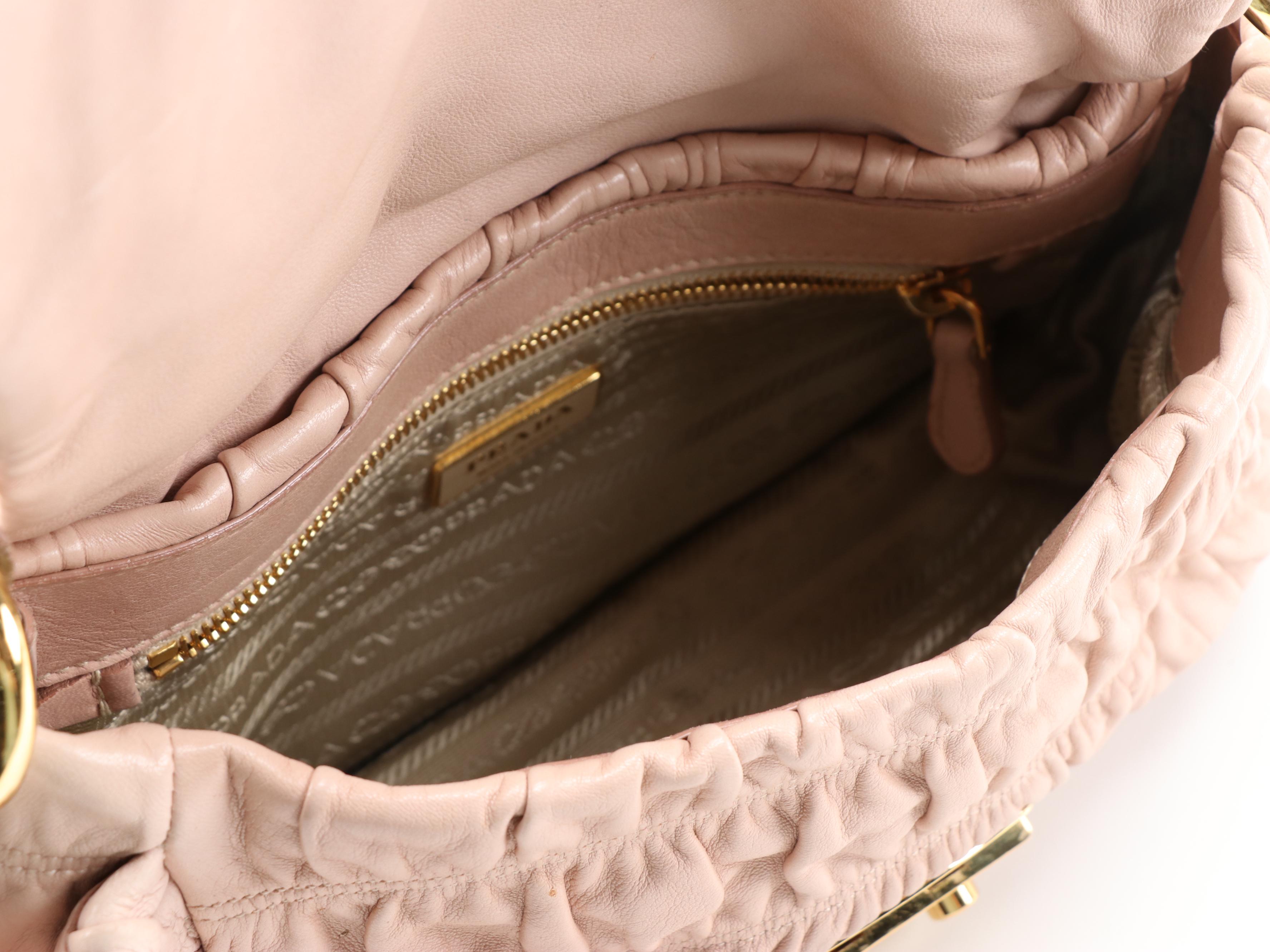 Prada Gaufre Ruched Leather Front Flap Two-Way Shoulder Bag in Pale Blush Pink