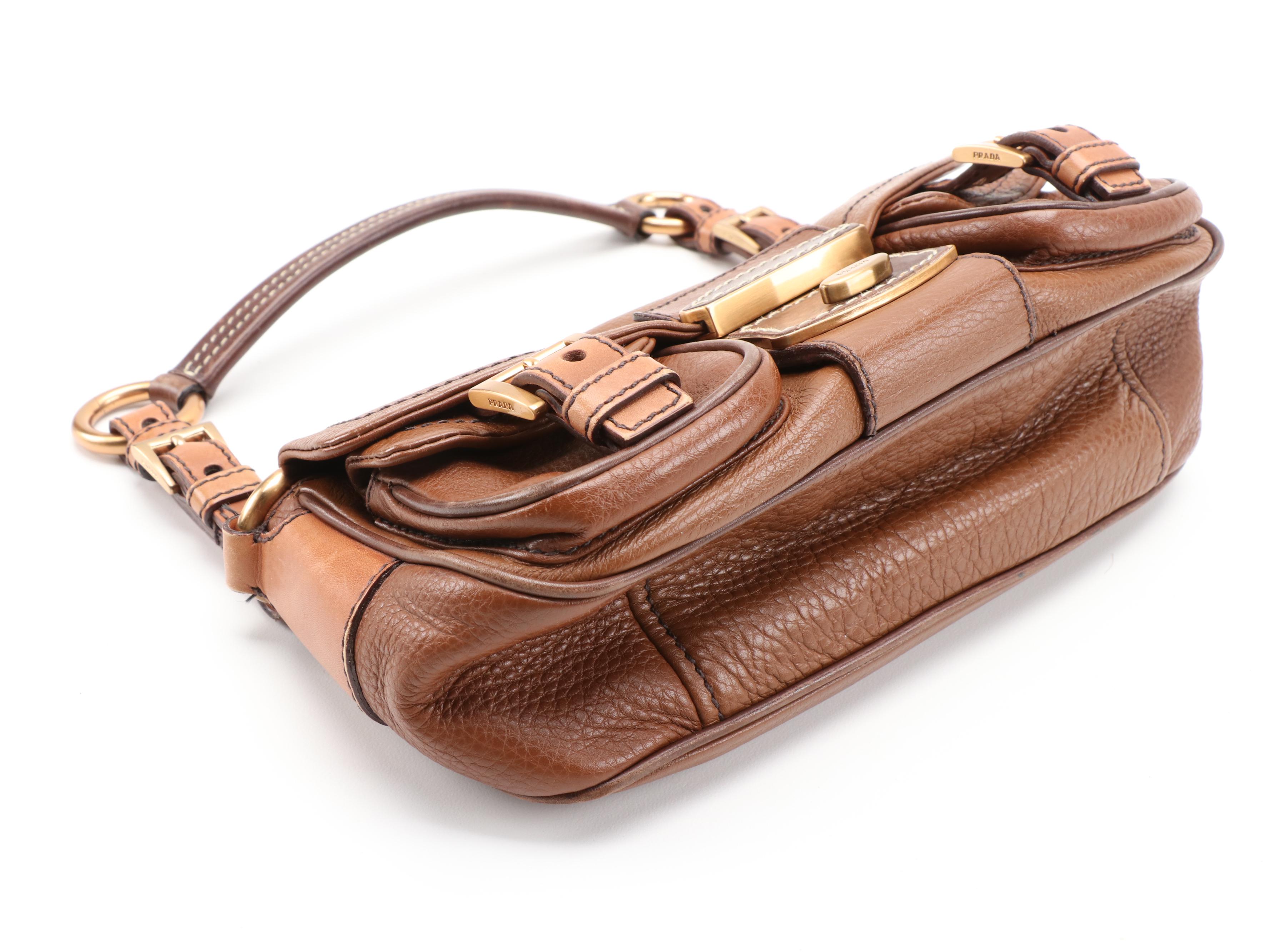 Prada Tri-Tonal Brown Leather Buckle Strap Baguette