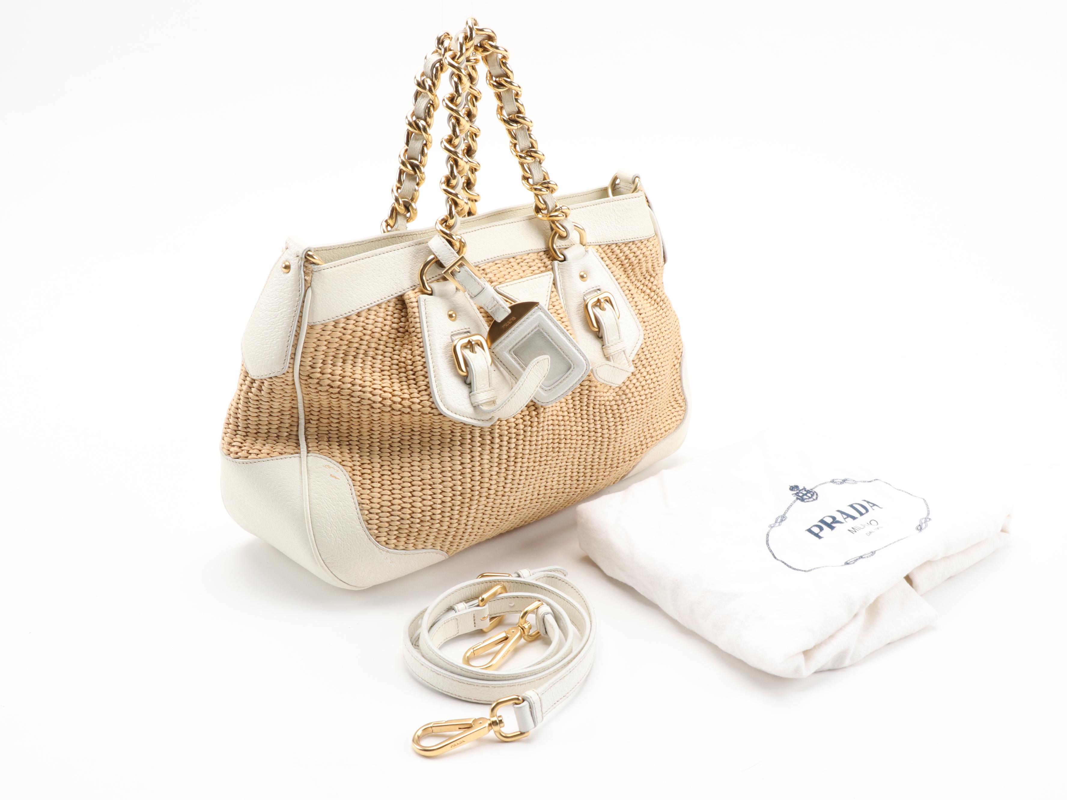 Prada Woven Straw and White Leather Trim Chain Handle Tote