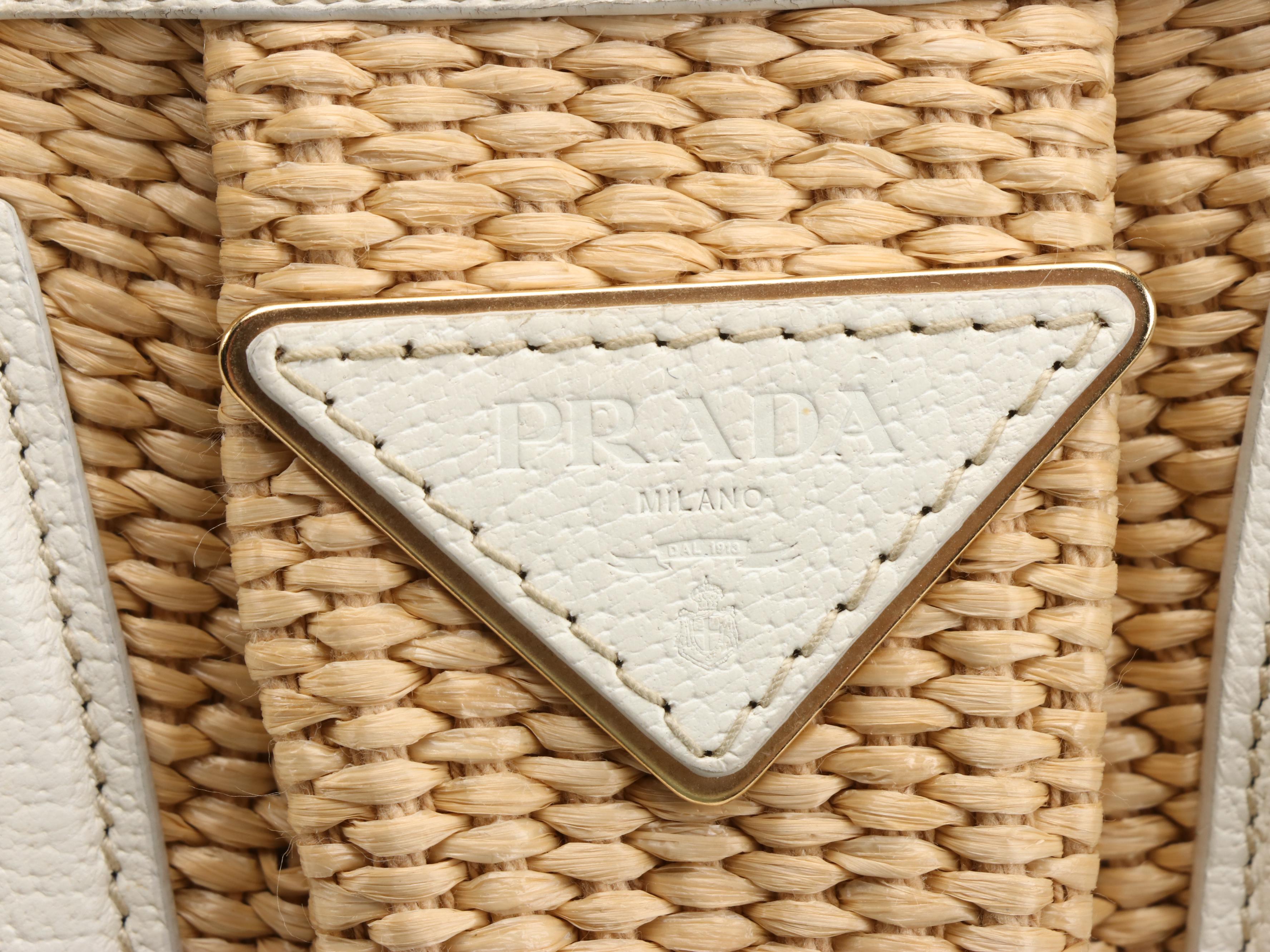 Prada Woven Straw and White Leather Trim Chain Handle Tote