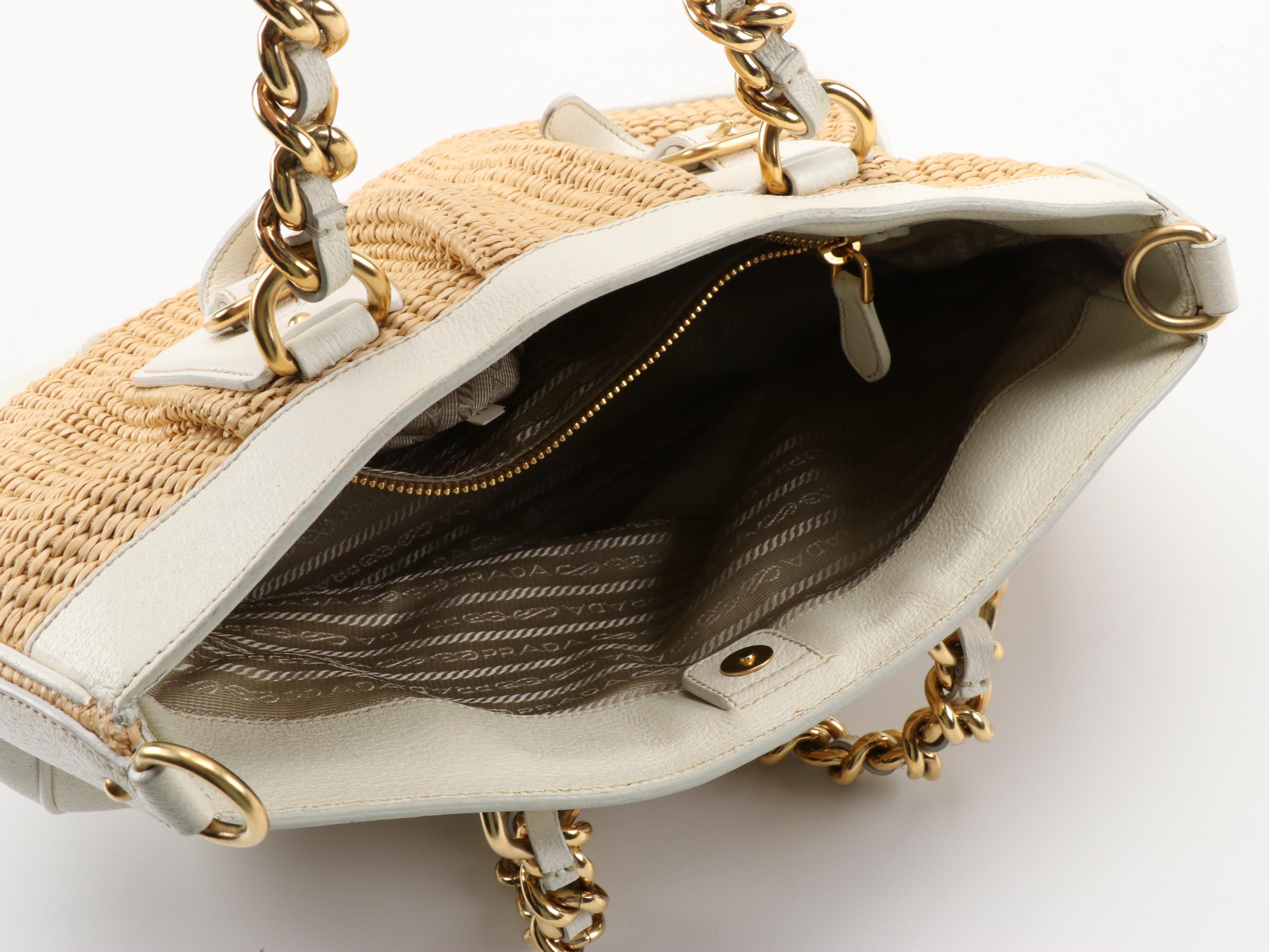 Prada Woven Straw and White Leather Trim Chain Handle Tote