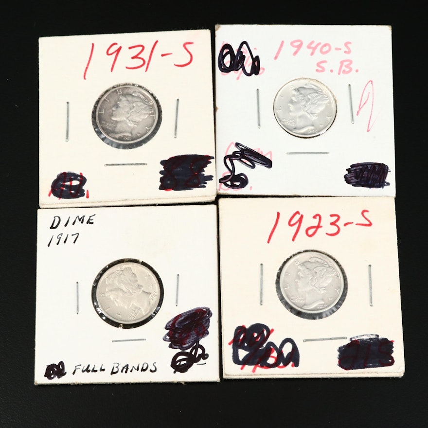 Four High Grade Mercury Silver Dimes, 1917–1940