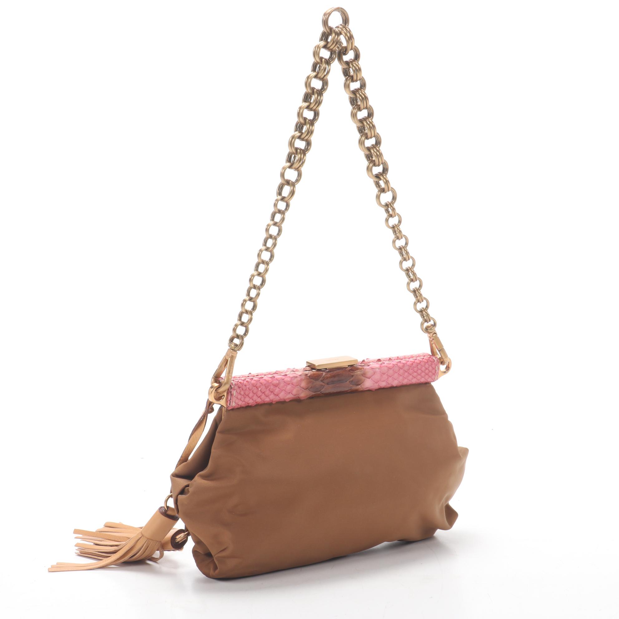 Prada Chain Strap Shoulder Bag in Tessuto Nylon and Python with Tassel