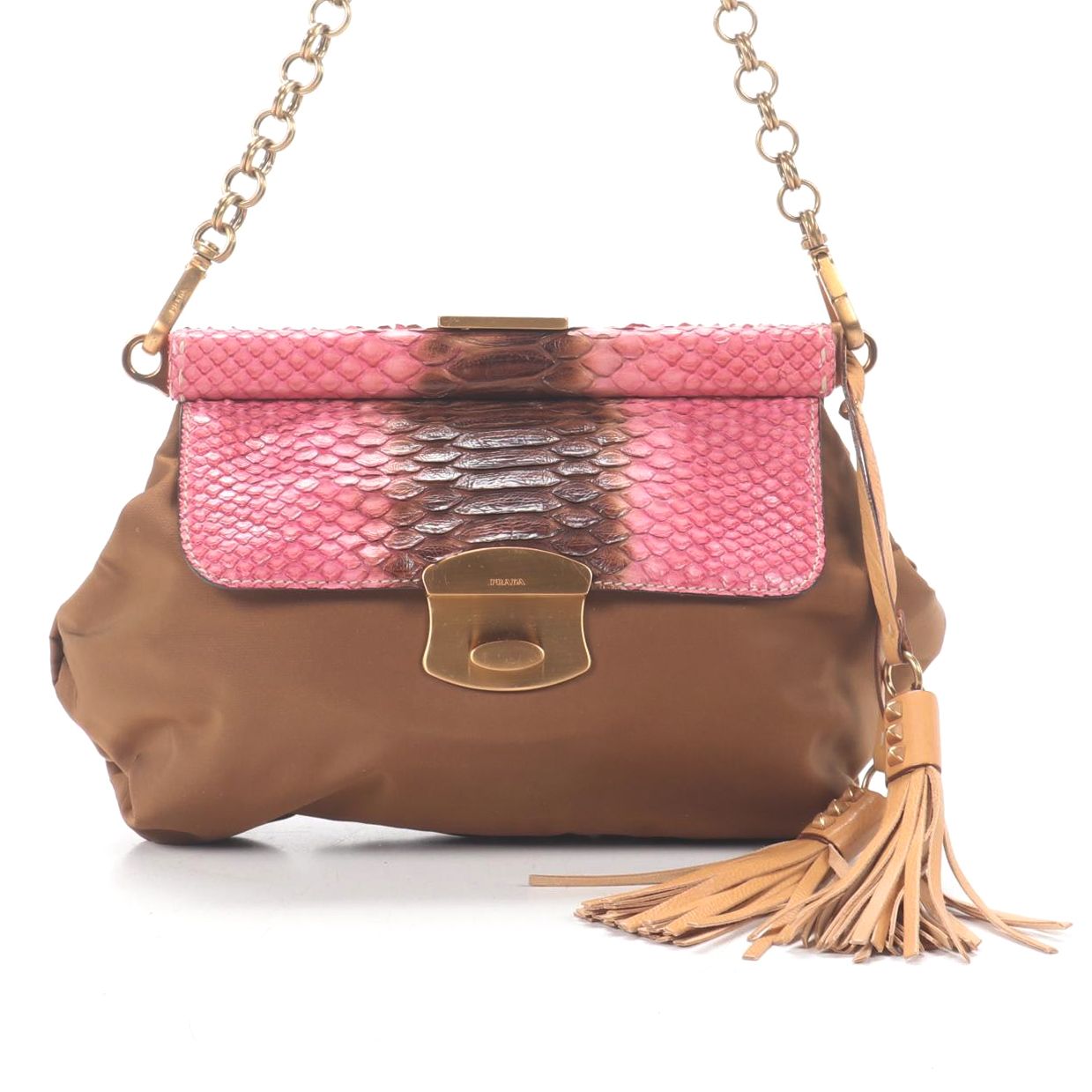 Prada Chain Strap Shoulder Bag in Tessuto Nylon and Python with Tassel