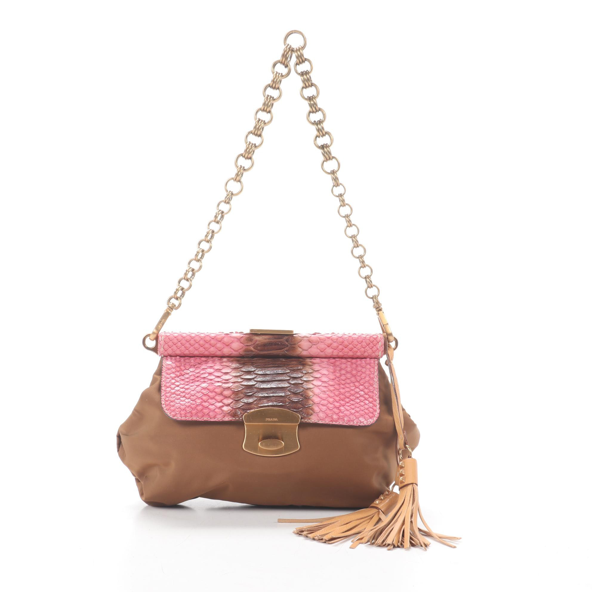 Prada Chain Strap Shoulder Bag in Tessuto Nylon and Python with Tassel