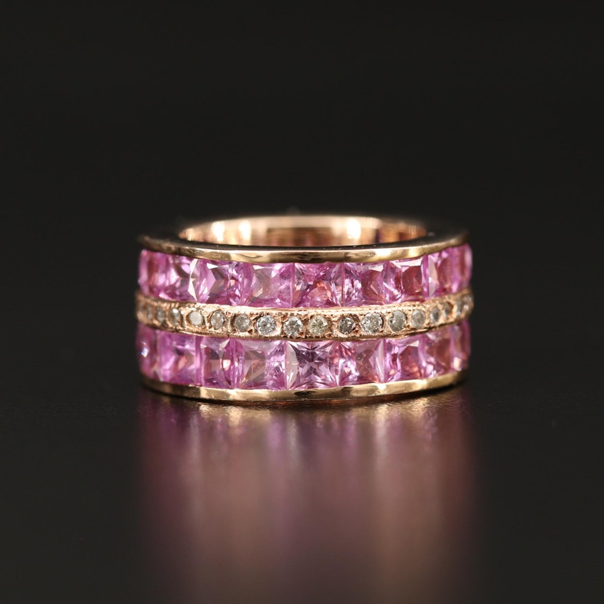 10K Rose Gold Diamond and Pink Sapphire Pipe Cut Band