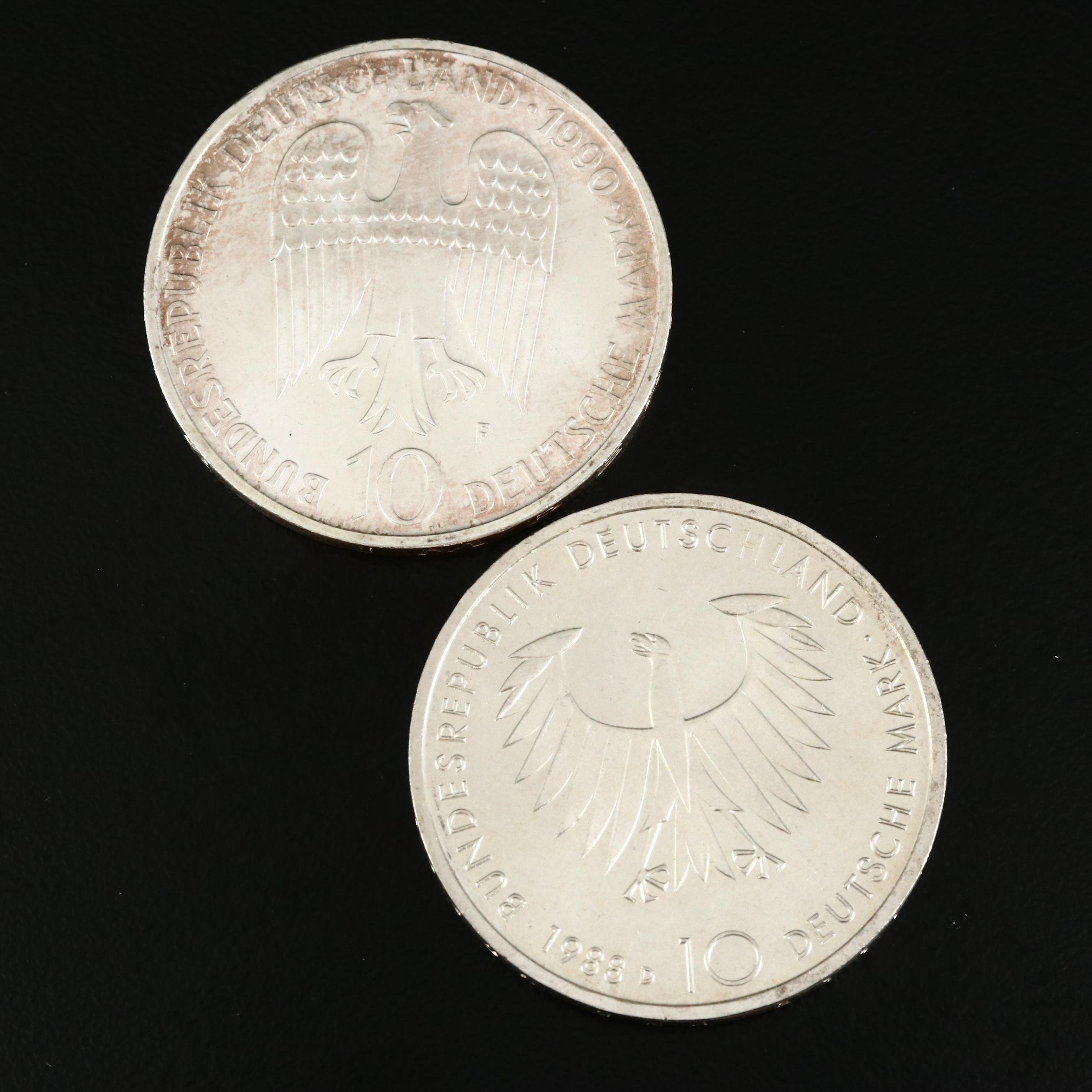 German Silver Commemorative 10-Mark Coins, Late 20th Century