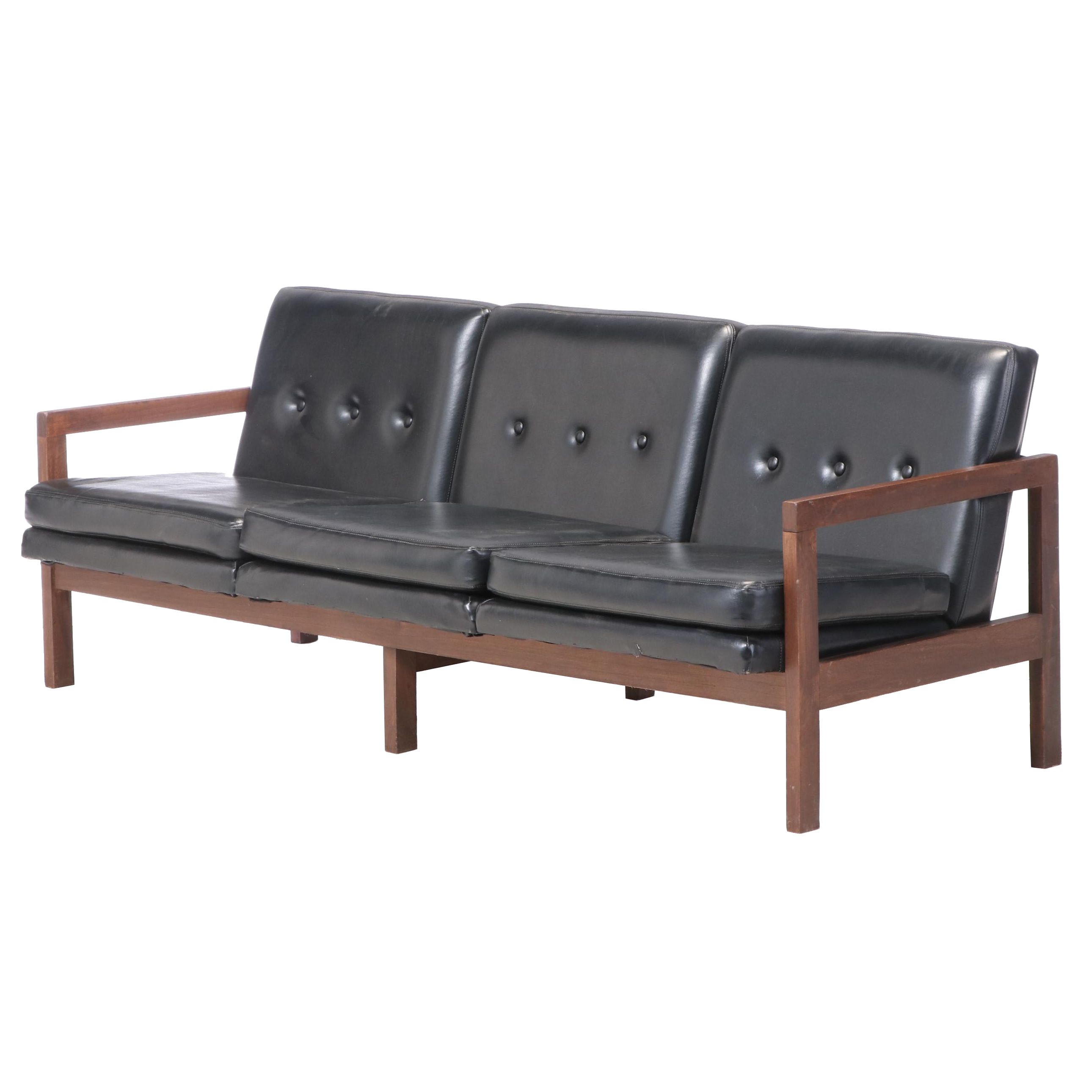 Murphy-Miller Inc. Mid Century Modern Walnut-Stained and Black Vinyl Sofa