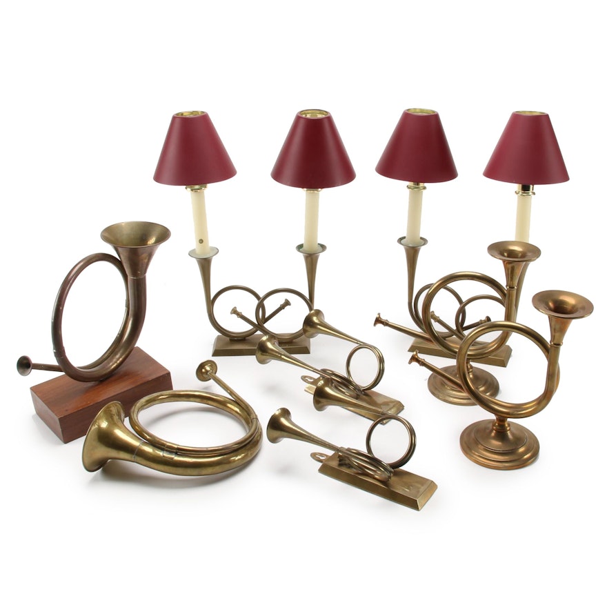 Brass Foxhunt Horn Candle Lamps, Candle Sconces and Other Foxhunt Décor