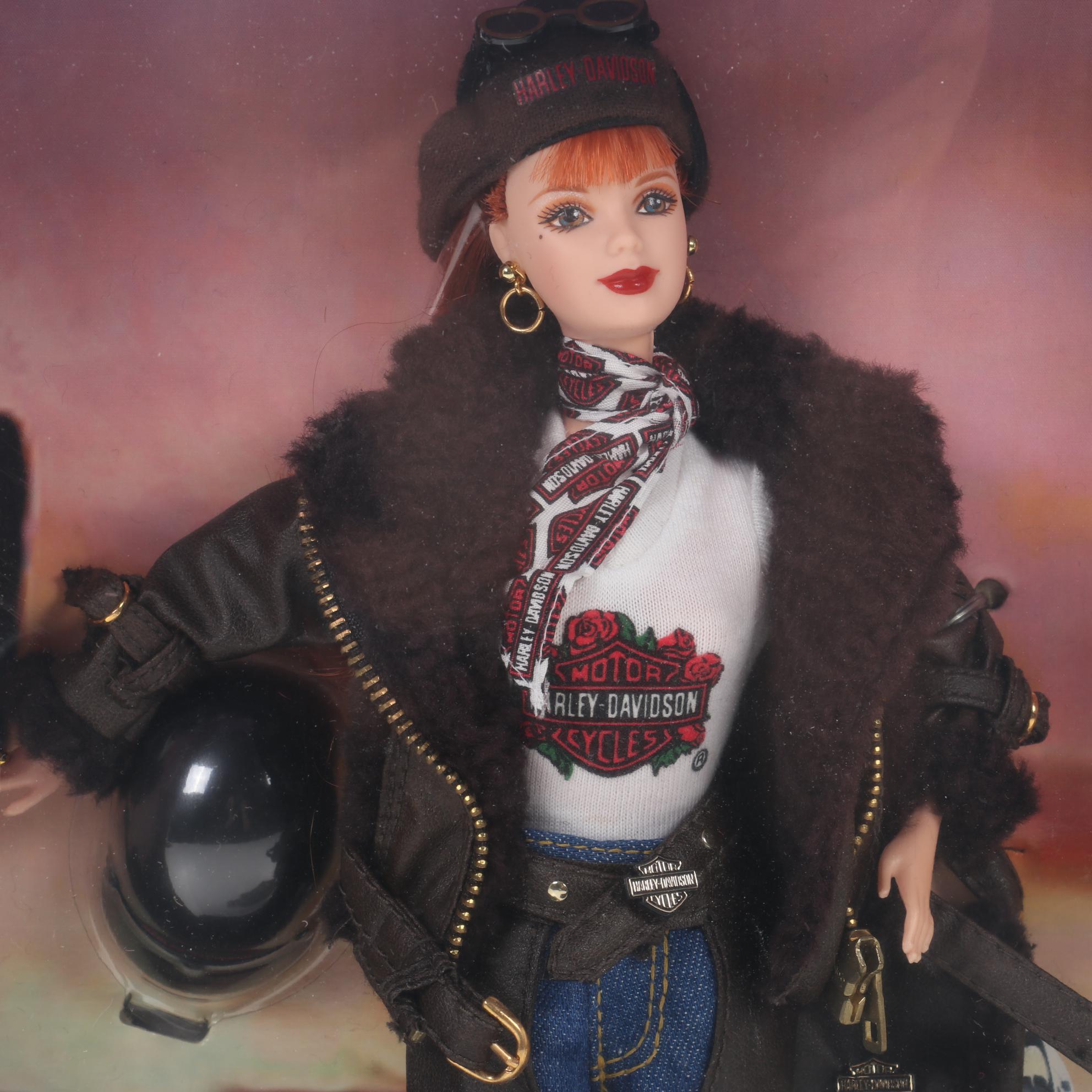 Harley-Davidson Barbie and Ken Dolls with Motorcycle Clock and Figurine