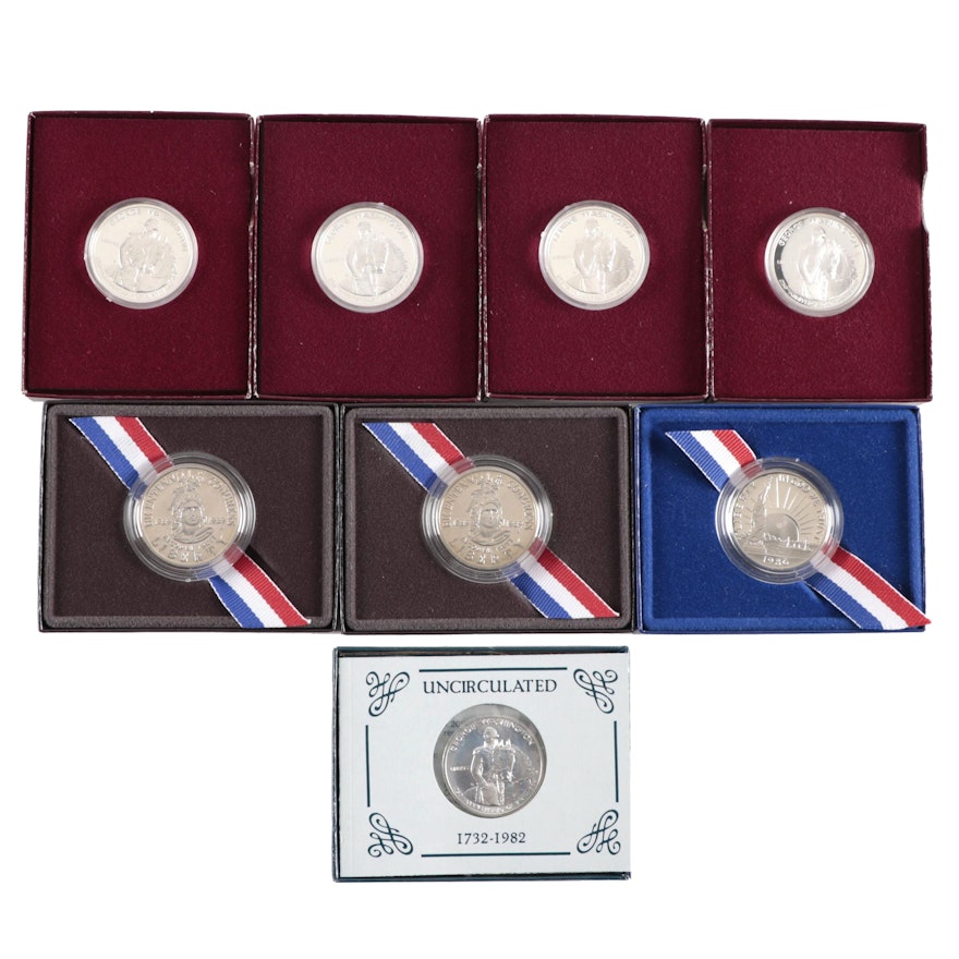 Eight Modern Commemorative Half Dollars, Including Silver