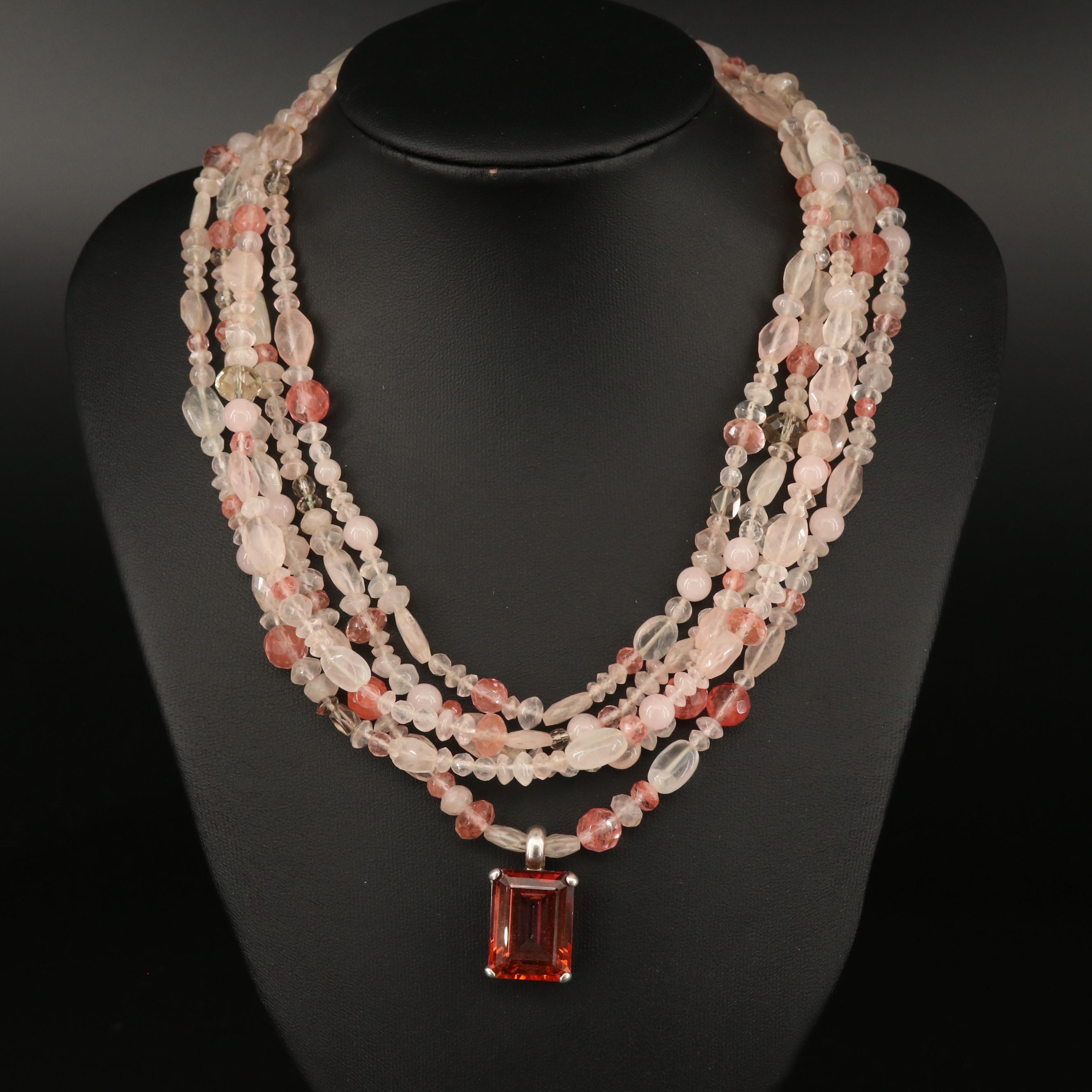 M & J Savitt Sterling, Quartz and Topaz Multi-Strand Pendant Necklace