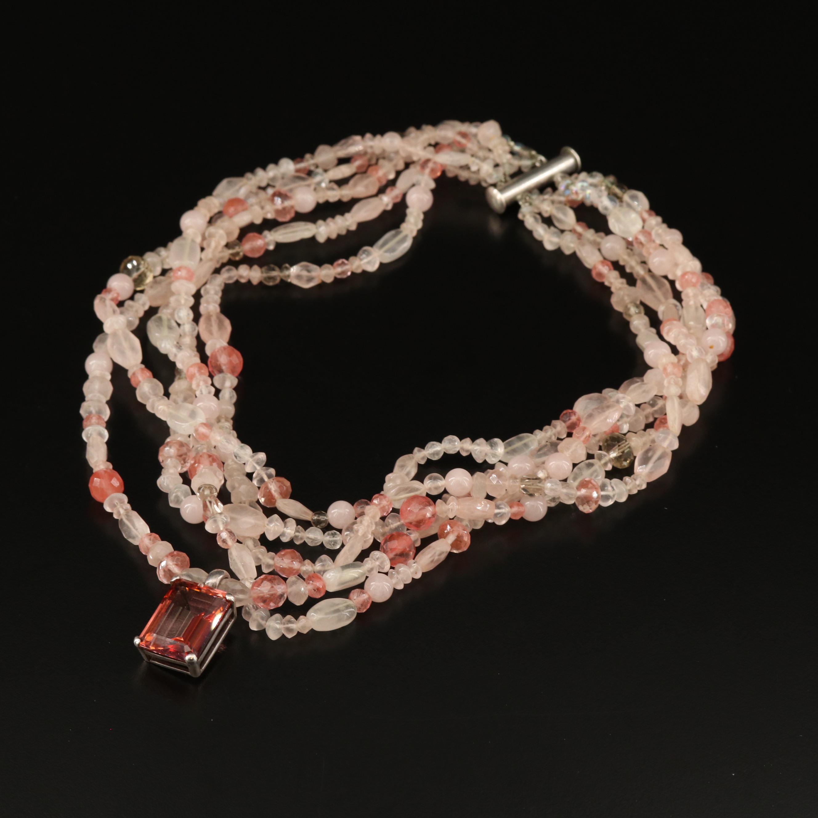 M & J Savitt Sterling, Quartz and Topaz Multi-Strand Pendant Necklace