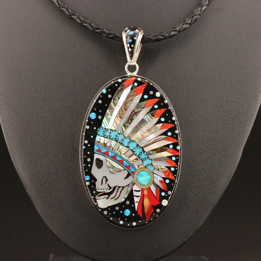 Stella Smiley Navajo Diné Inlaid Skull in Headdress Pendant Necklace