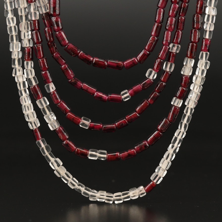 Multi-Strand Garnet and Glass Bead Necklace with 14K Clasp