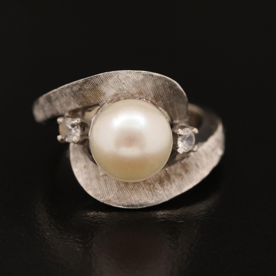 14K Pearl and White Spinel Bypass Ring with Florentine Finish